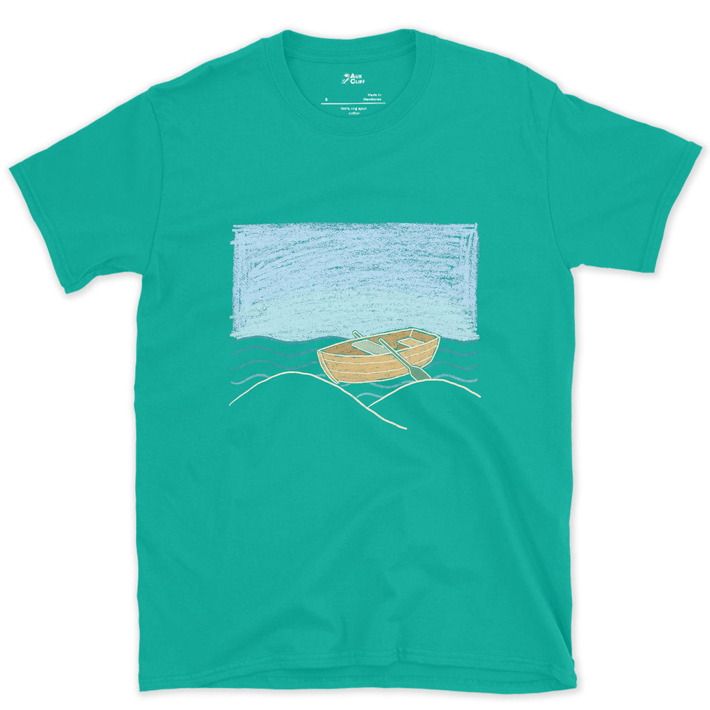 Adrift With No One Aboard, Rowing Boat design on a Jade Dome Gildan Softstyle t-shirt