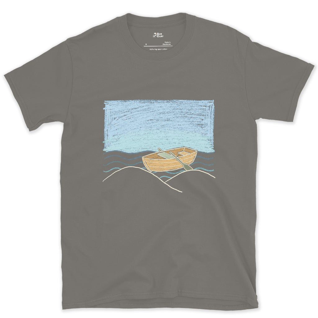 Adrift With No One Aboard, Rowing Boat design on a Charcoal Gildan Softstyle t-shirt