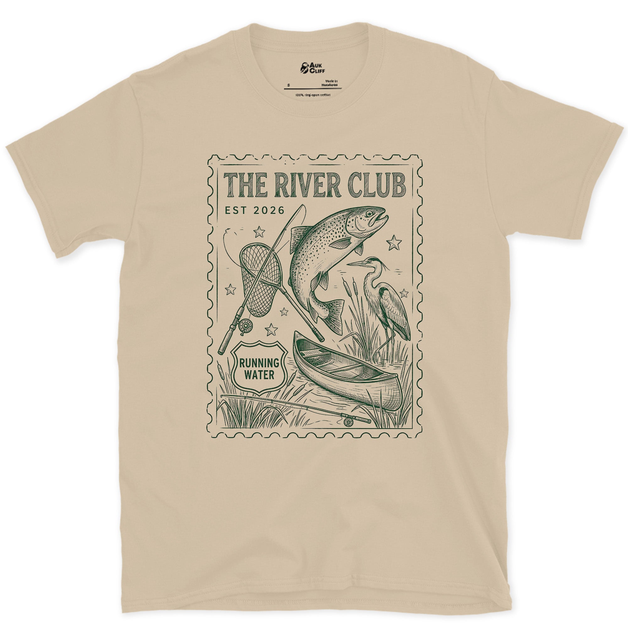 The River Club Stamp With a Leaping Trout design on a Sand Gildan Softstyle t-shirt