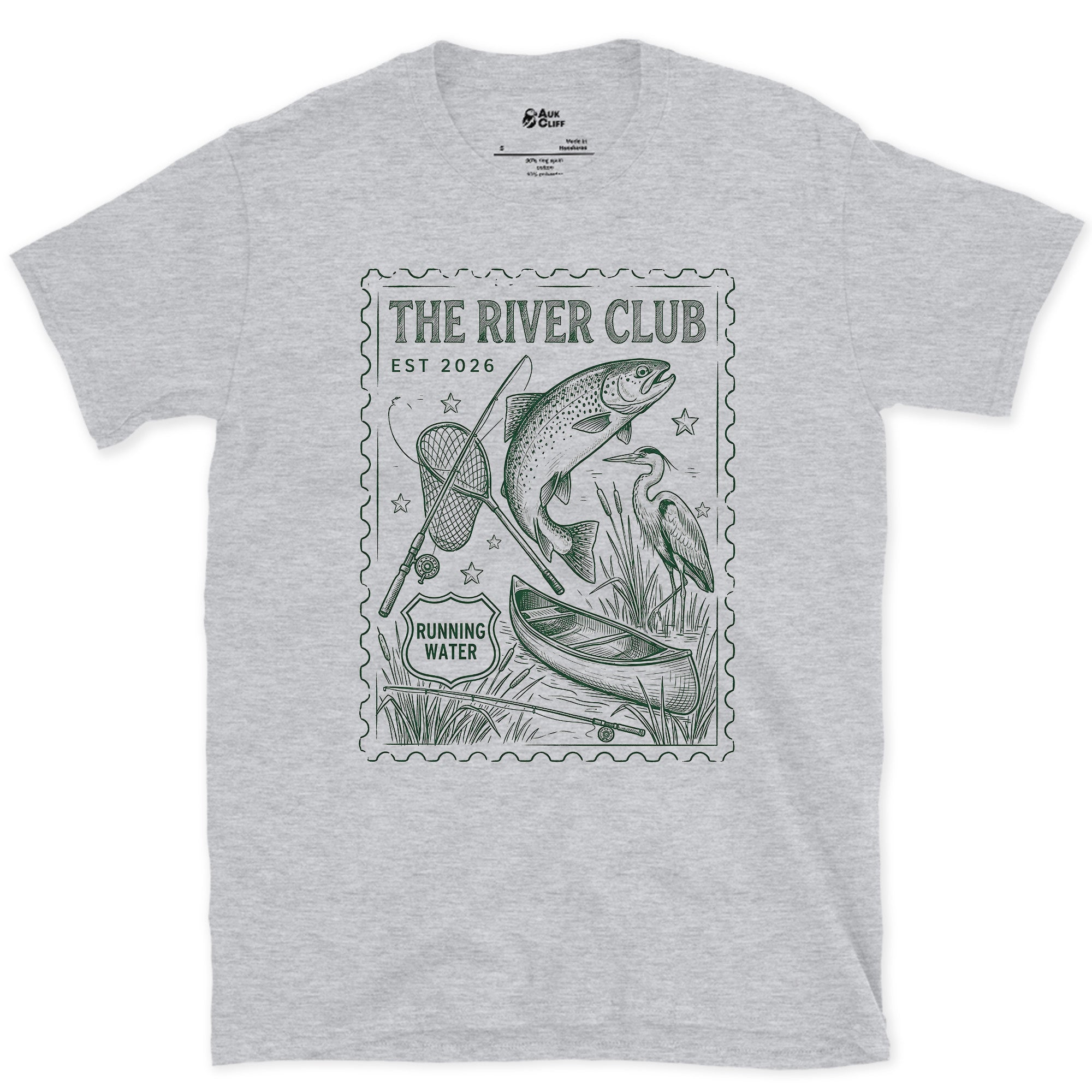 The River Club Stamp With a Leaping Trout design on a Sport Grey Gildan Softstyle t-shirt