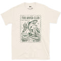 The River Club Stamp With a Leaping Trout design on a Natural Gildan Softstyle t-shirt