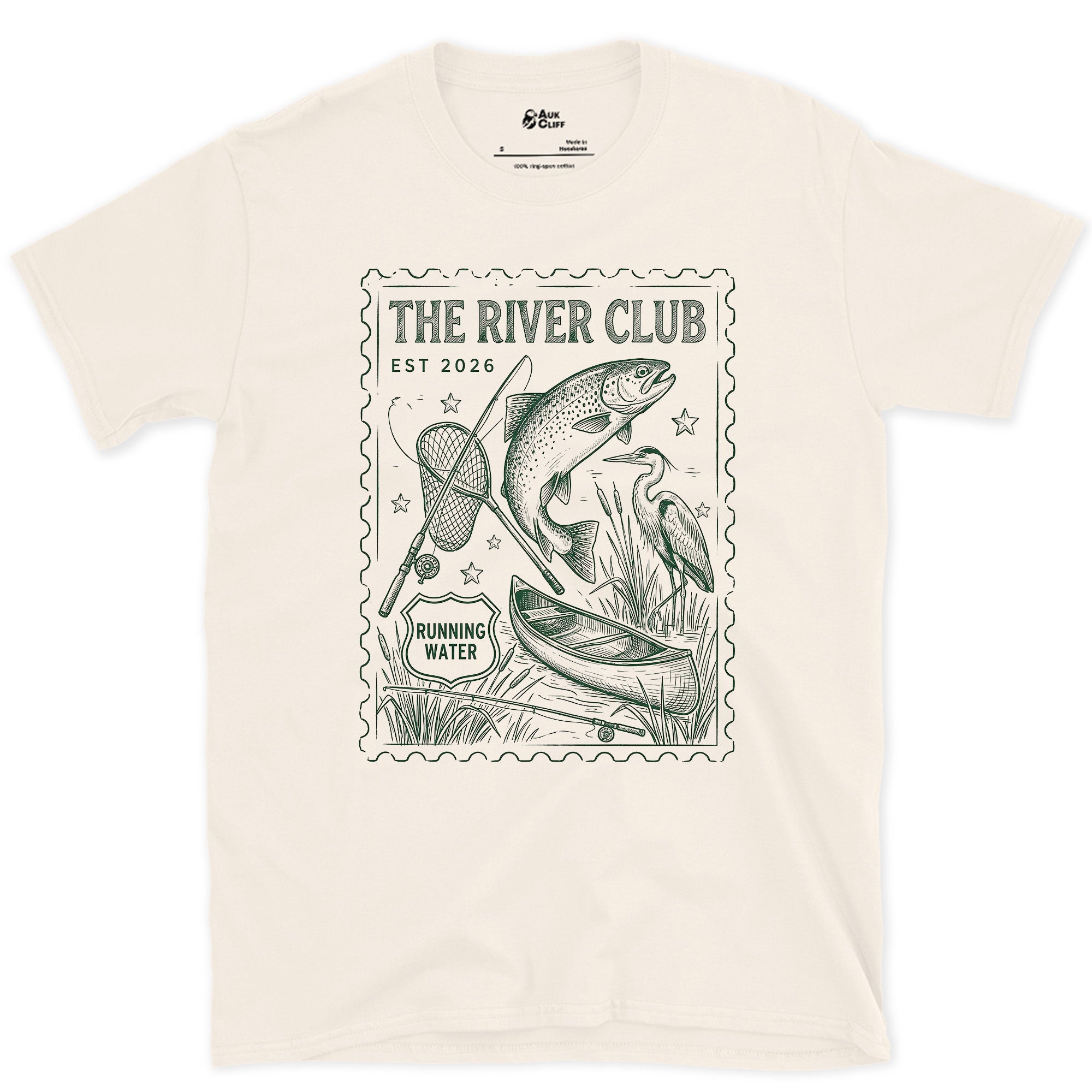 The River Club Stamp With a Leaping Trout design on a Natural Gildan Softstyle t-shirt