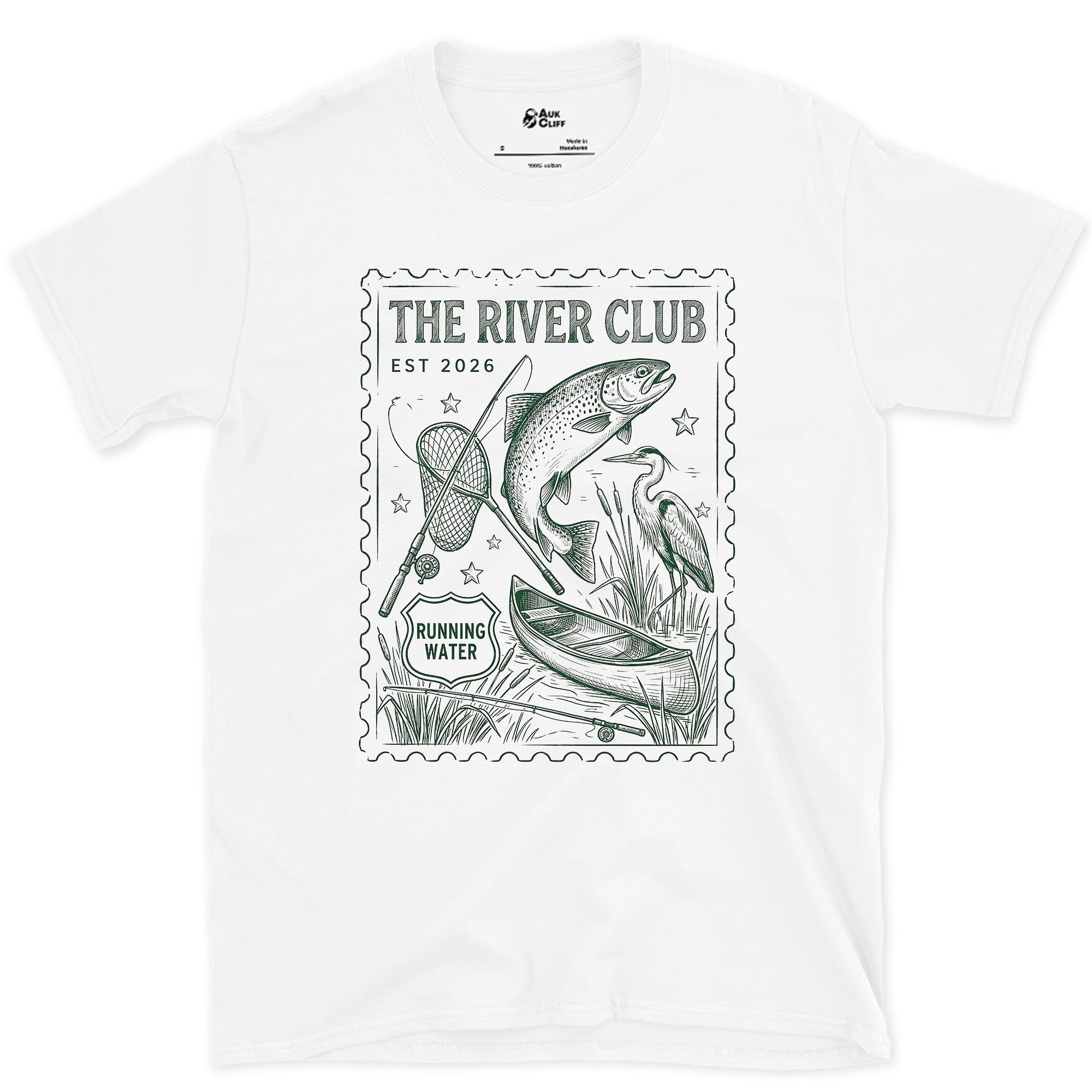 The River Club Stamp With a Leaping Trout design on a White Gildan Softstyle t-shirt