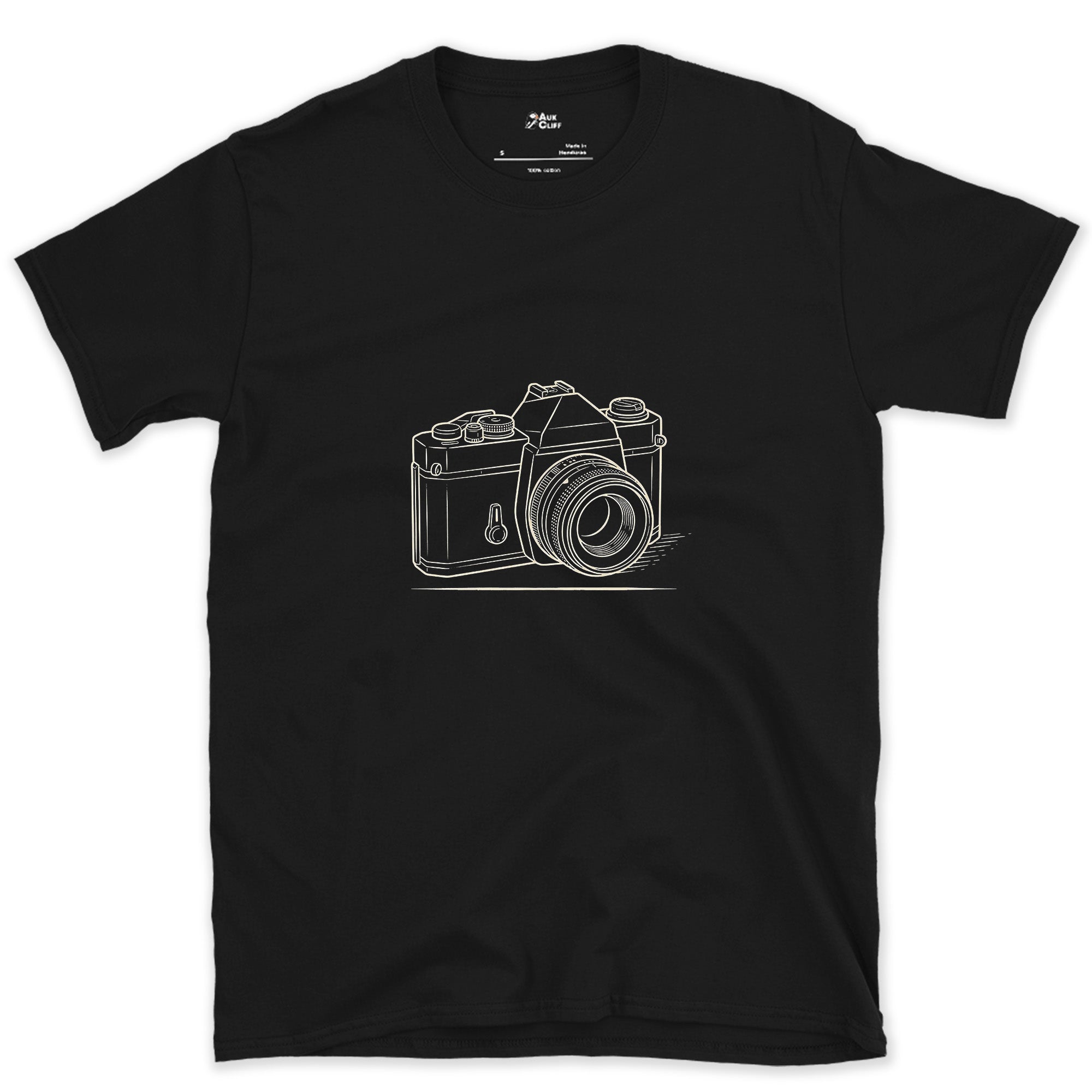 Still the Camera Shape Everyone Pictures First design on a Black Gildan Softstyle t-shirt
