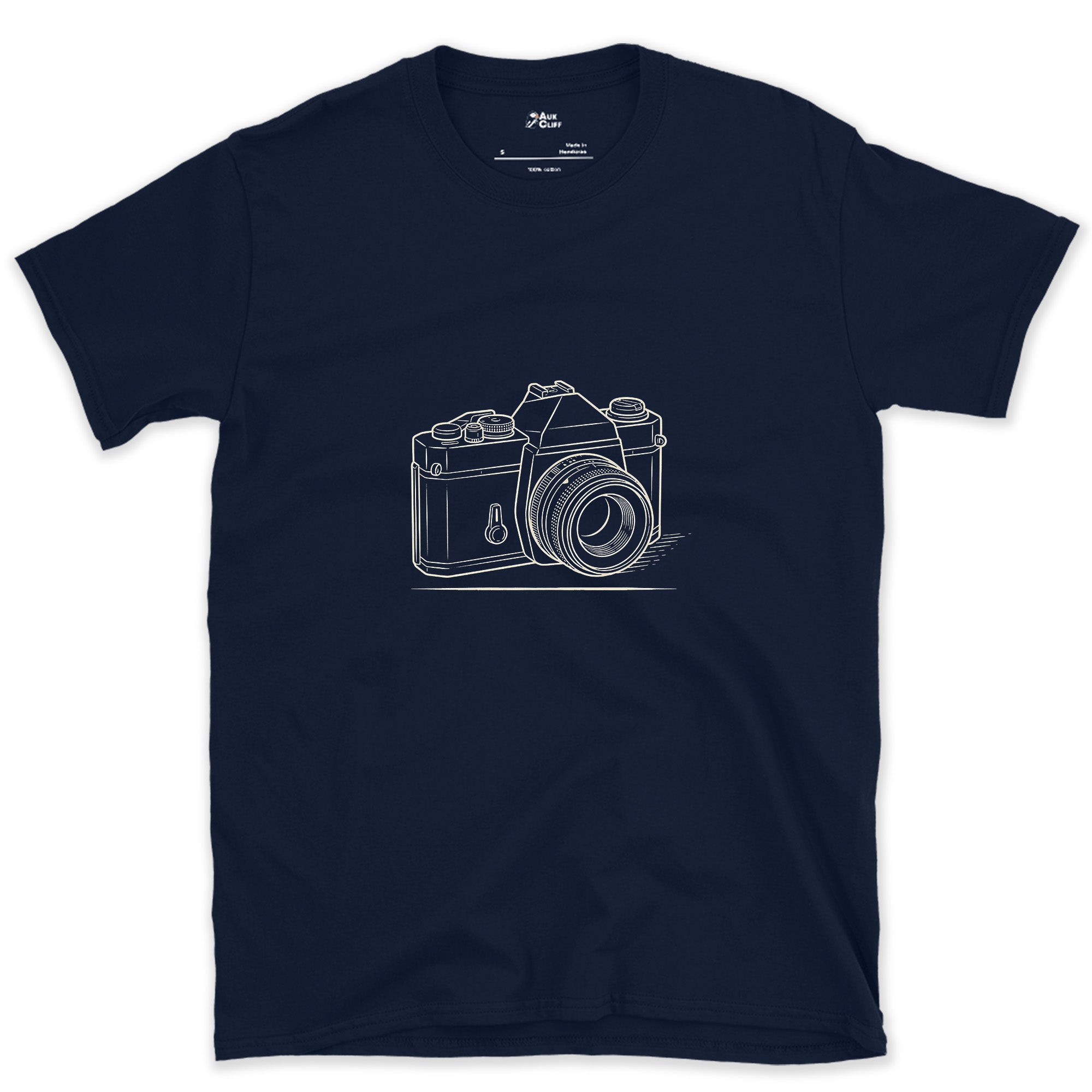Still the Camera Shape Everyone Pictures First design on a Navy Gildan Softstyle t-shirt