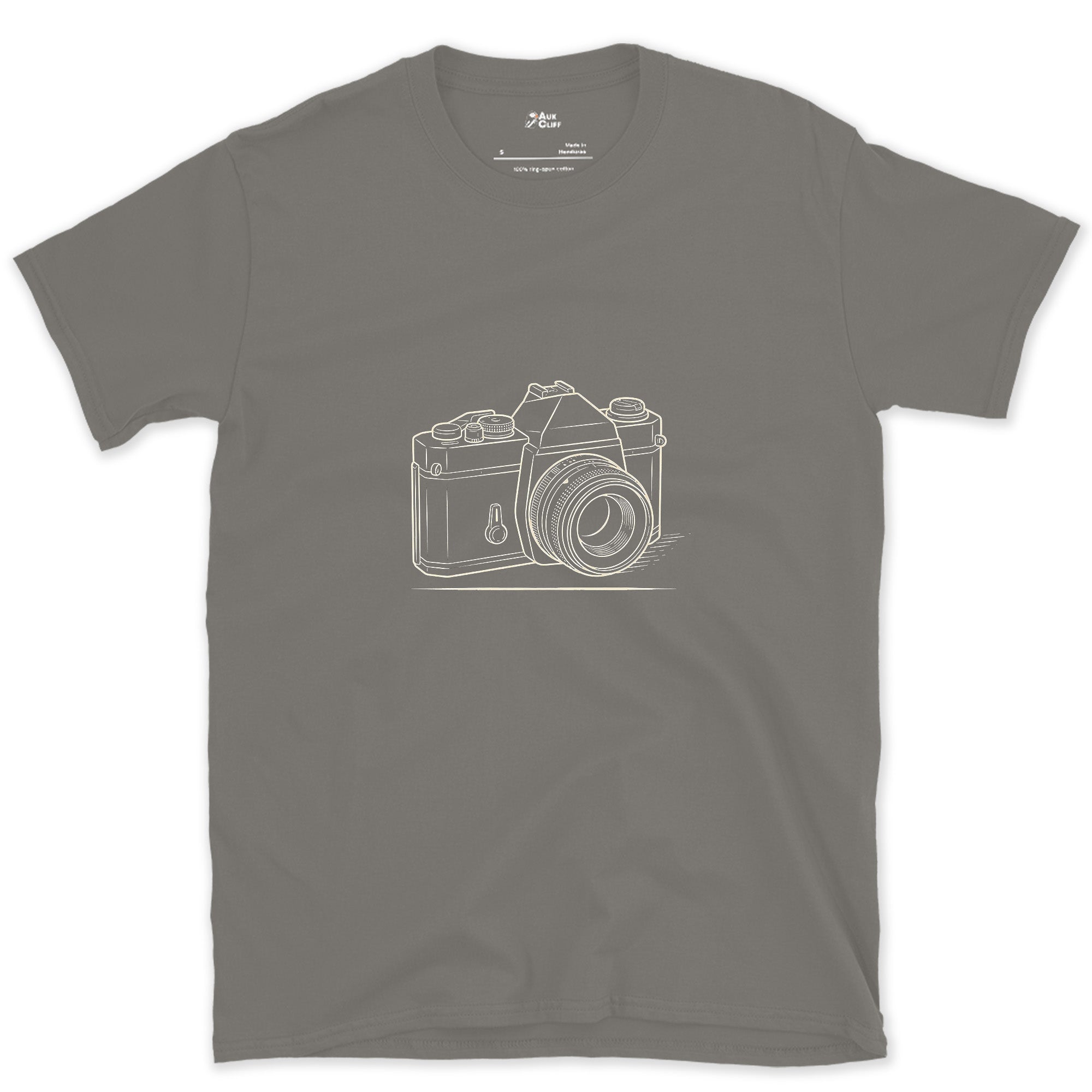 Still the Camera Shape Everyone Pictures First design on a Charcoal Gildan Softstyle t-shirt