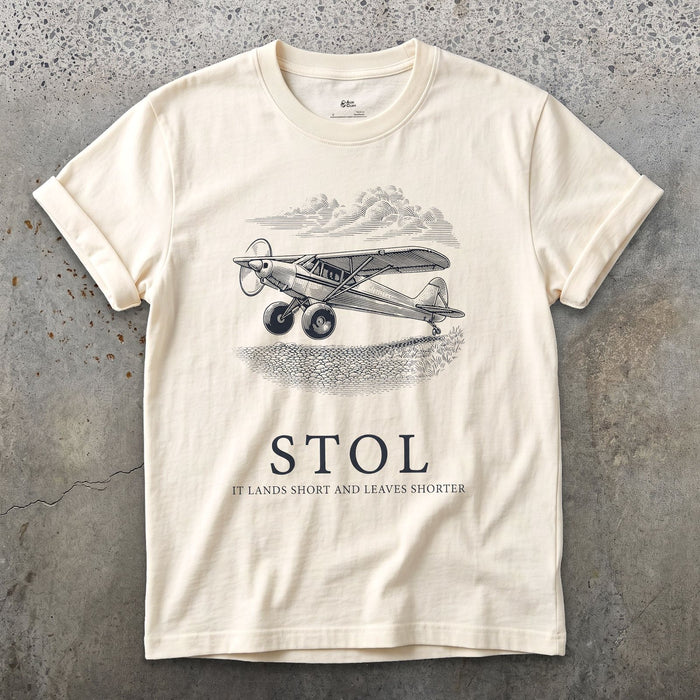 STOL, Short Take Off and Landing design on a Natural Gildan Softstyle t-shirt
