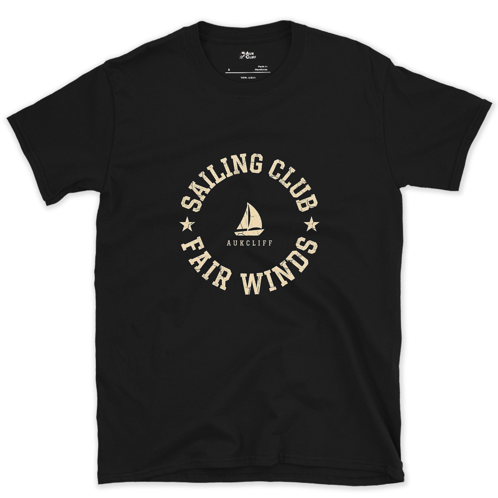 Sailing Club, Fair Winds Badge design on a Black Gildan Softstyle t-shirt