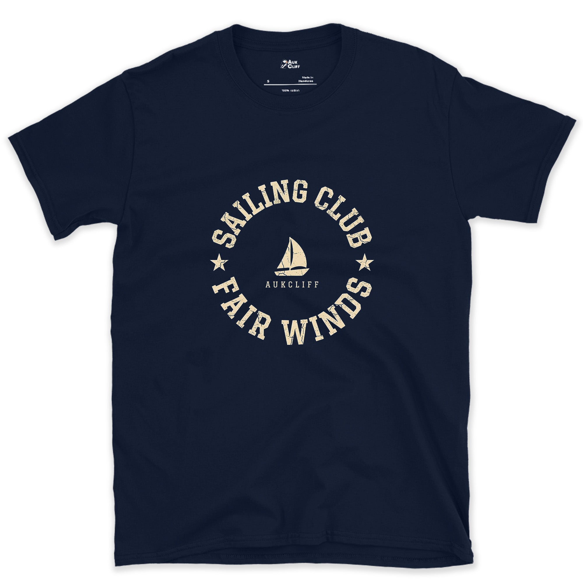 Sailing Club, Fair Winds Badge design on a Navy Gildan Softstyle t-shirt