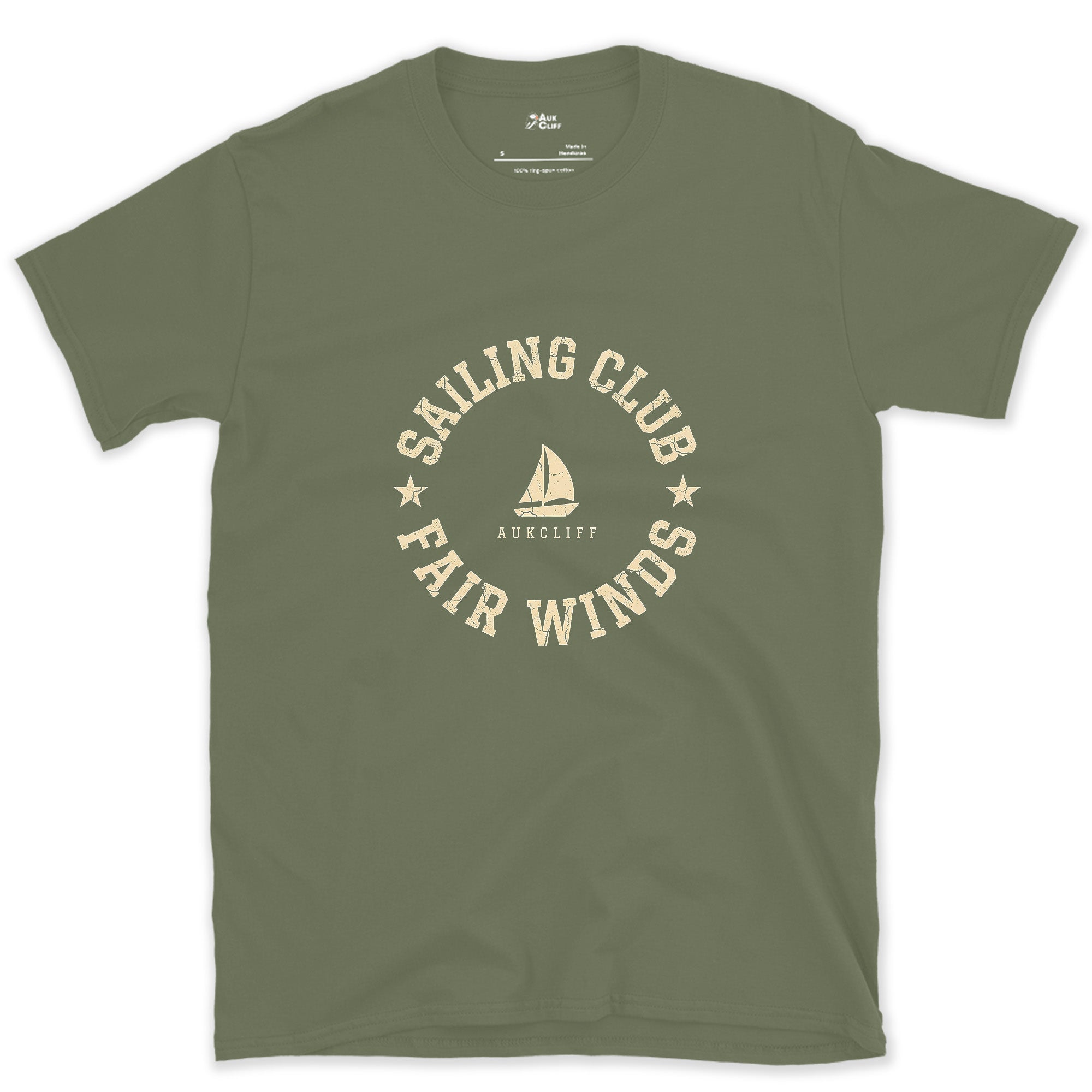 Sailing Club, Fair Winds Badge design on a Military Green Gildan Softstyle t-shirt