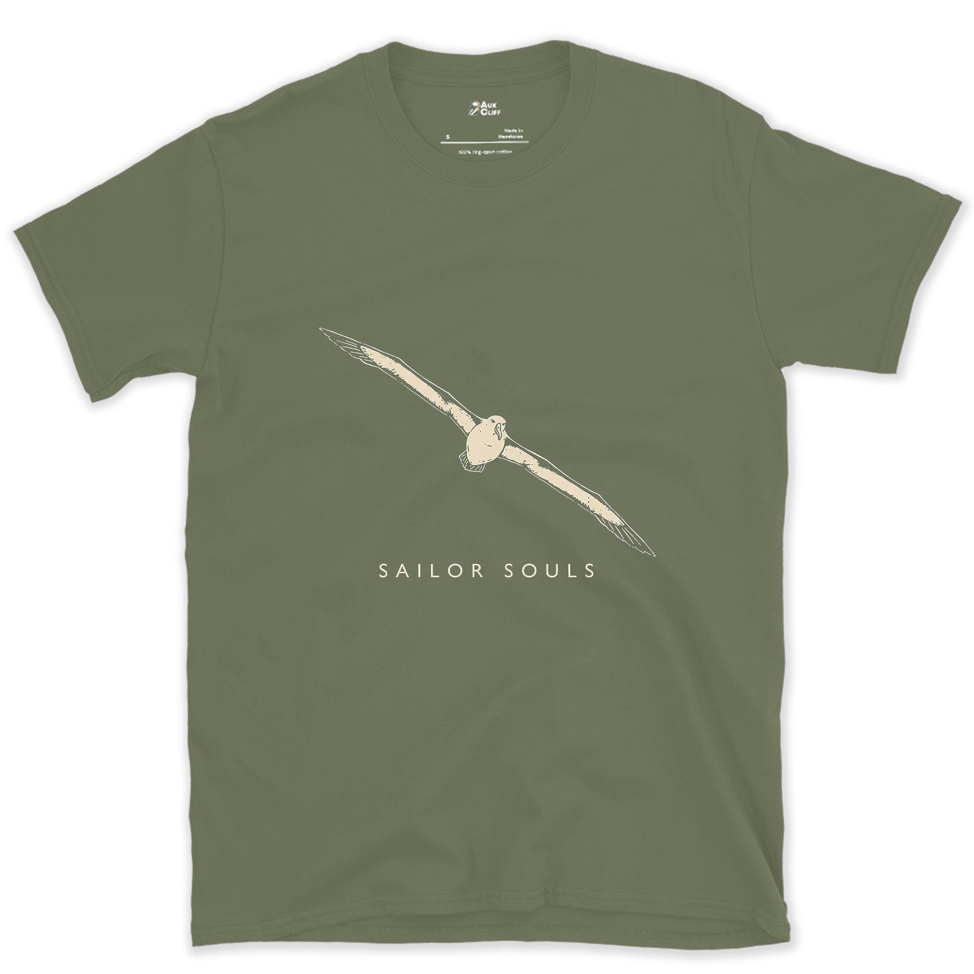 Sailor Souls, Soaring Albatross design on a Military Green Gildan Softstyle t-shirt
