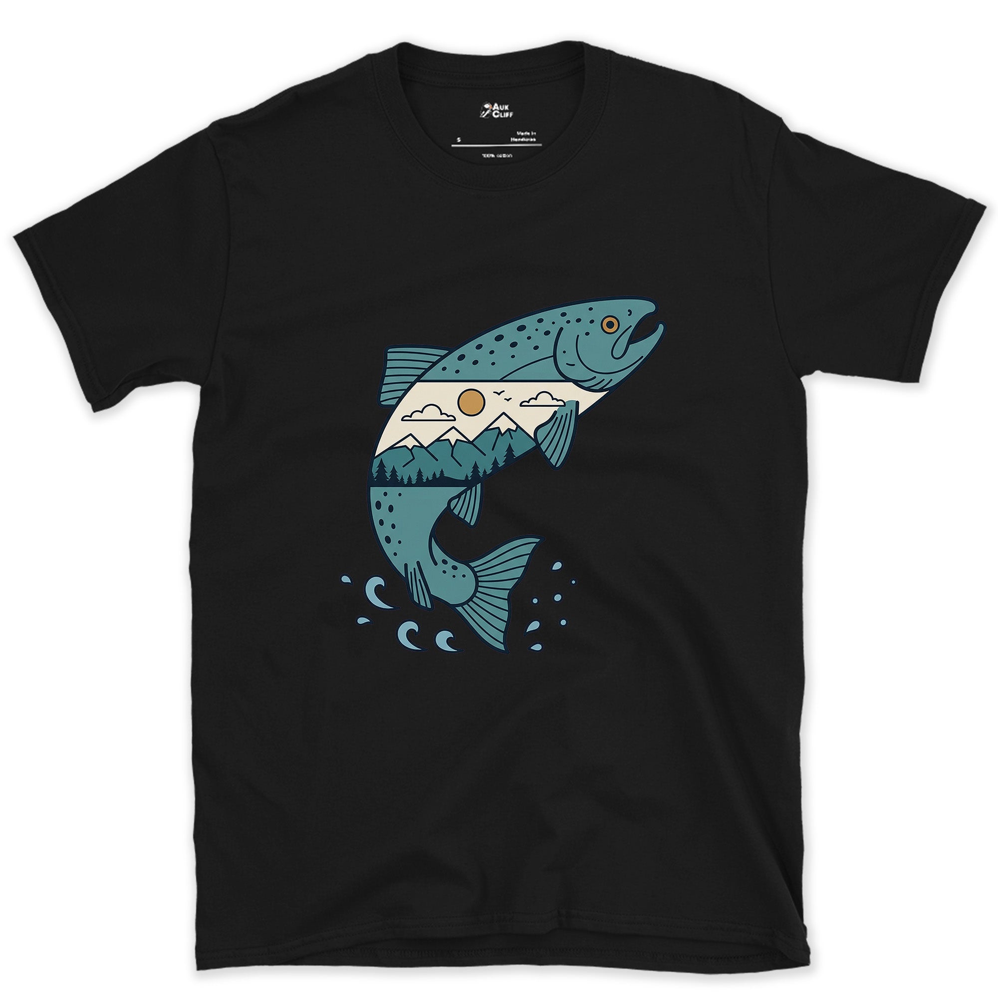 Sea to Headwater, Held Inside a Salmon design on a Black Gildan Softstyle t-shirt
