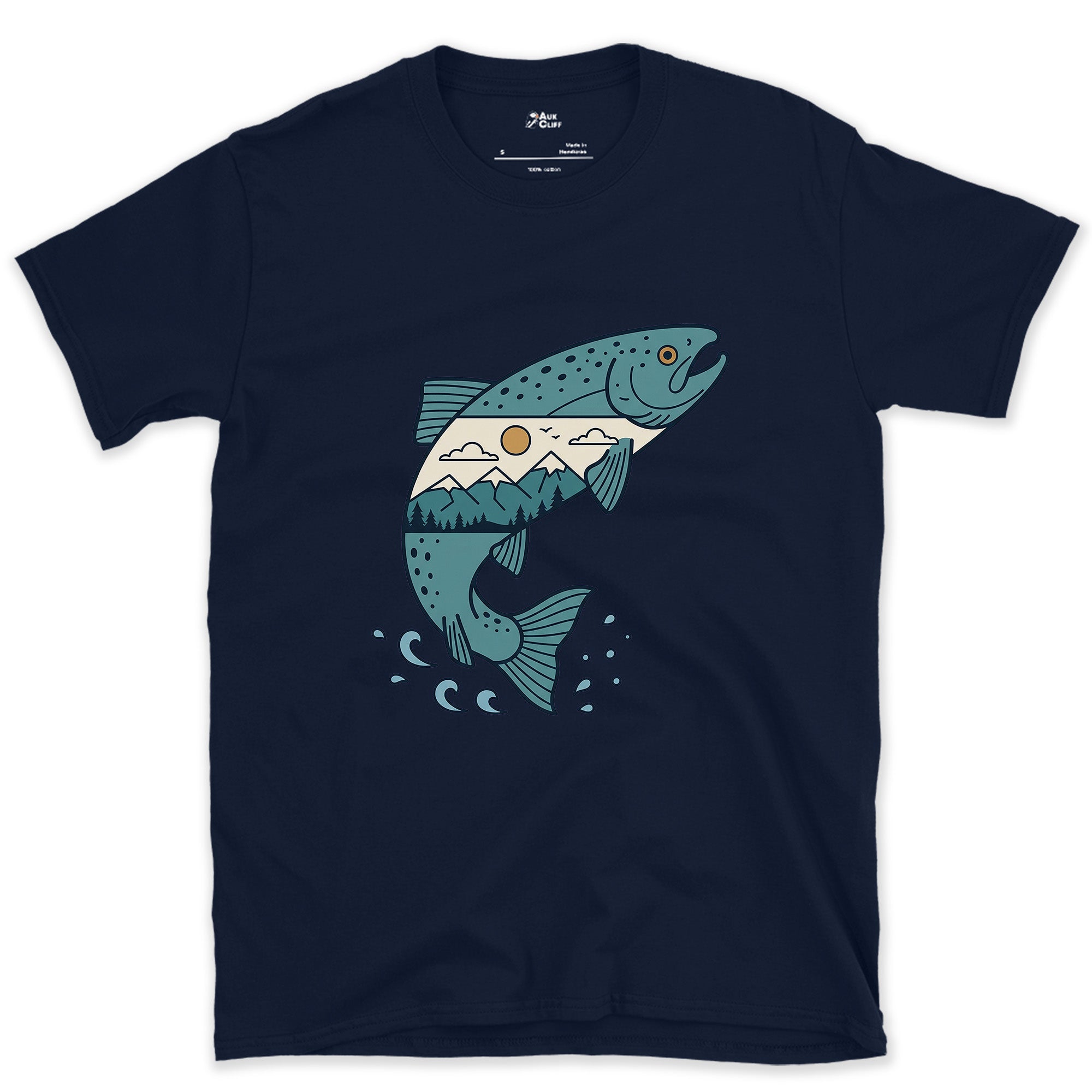 Sea to Headwater, Held Inside a Salmon design on a Navy Gildan Softstyle t-shirt