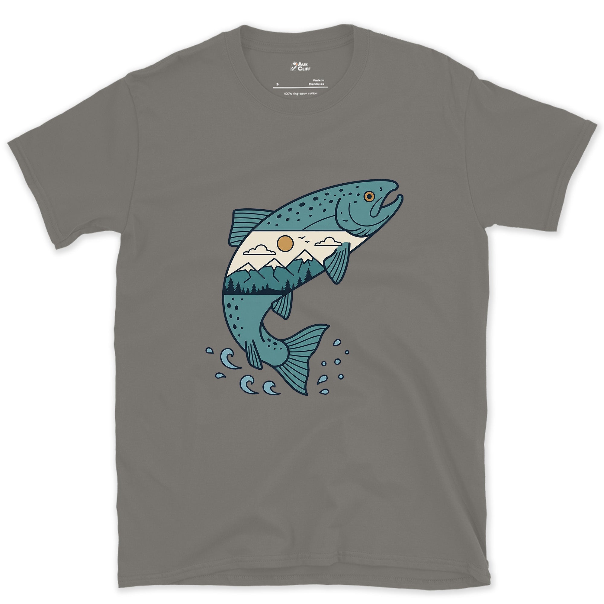 Sea to Headwater, Held Inside a Salmon design on a Charcoal Gildan Softstyle t-shirt