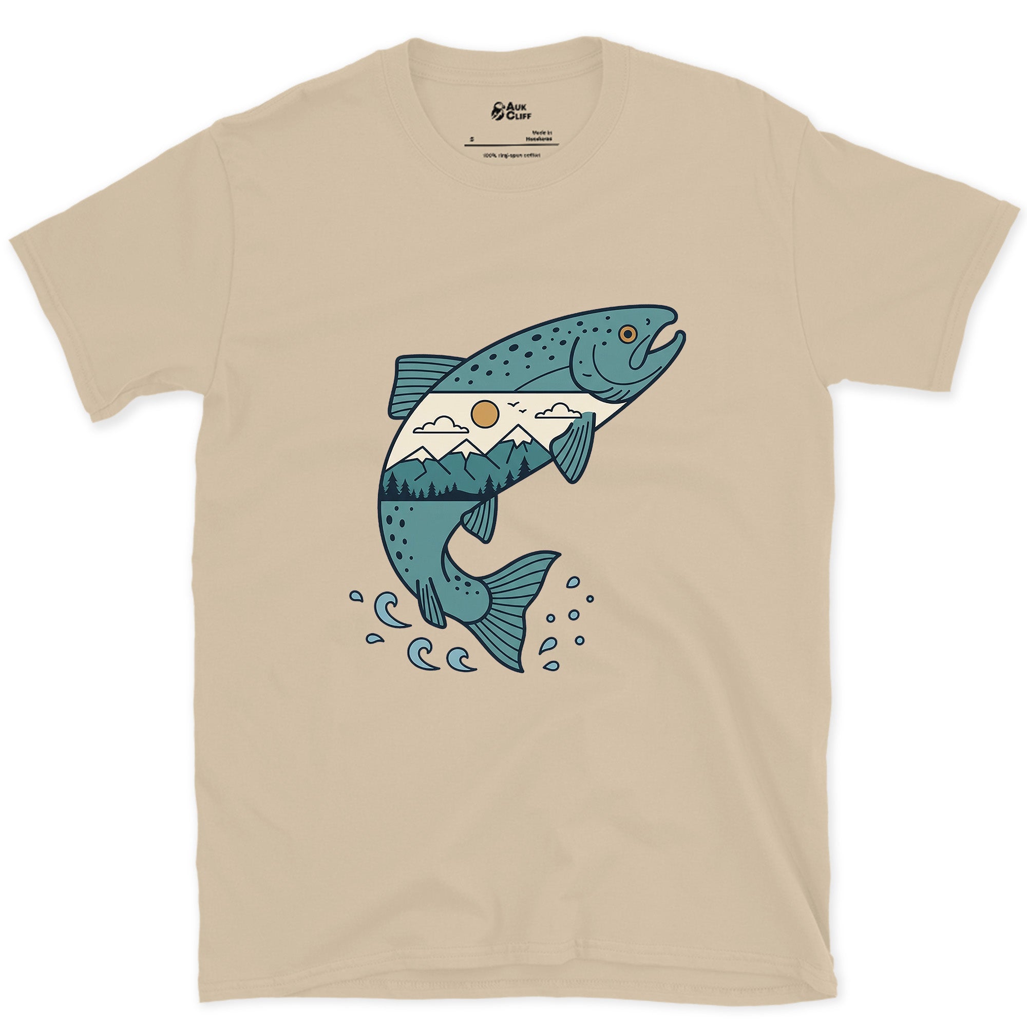 Sea to Headwater, Held Inside a Salmon design on a Sand Gildan Softstyle t-shirt
