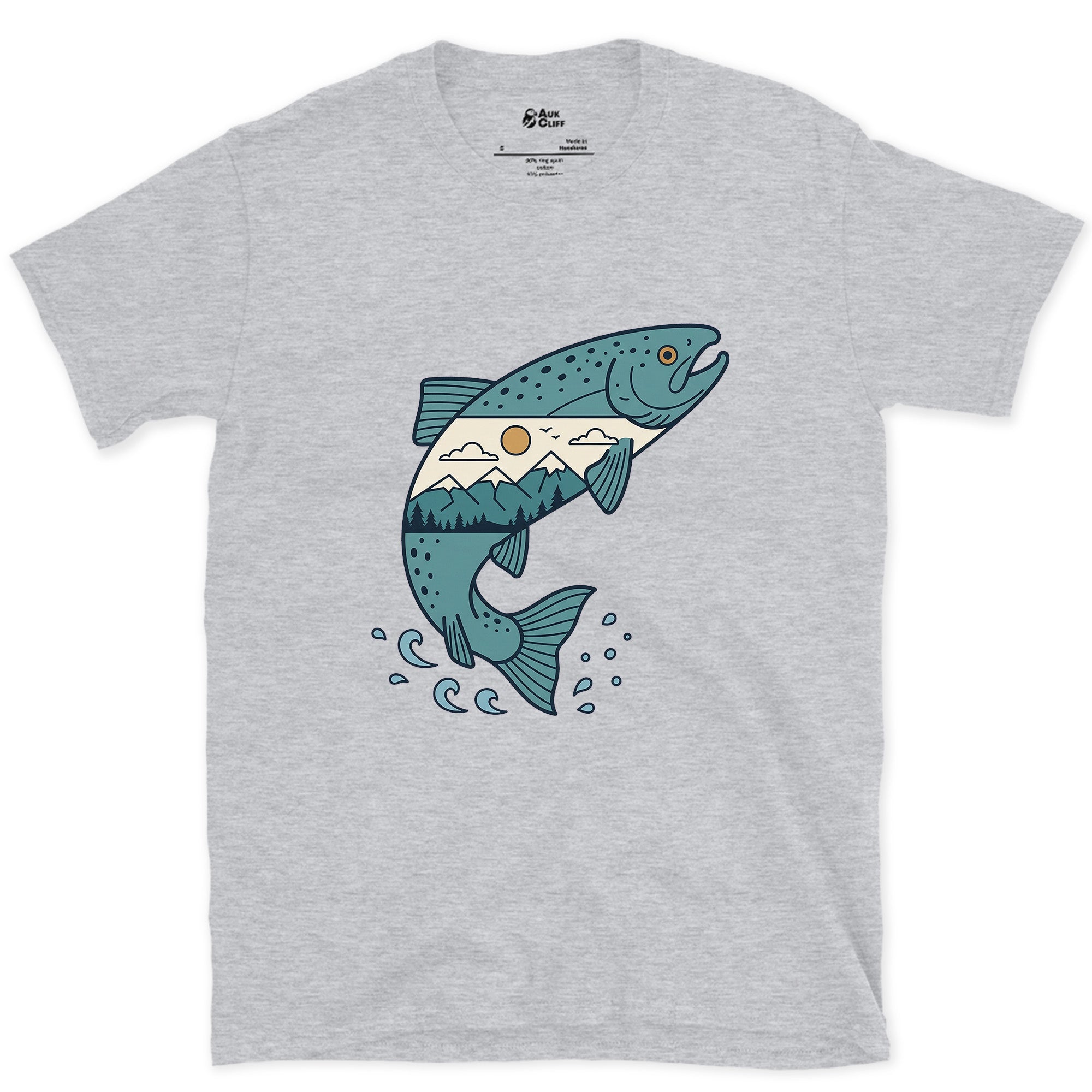 Sea to Headwater, Held Inside a Salmon design on a Sport Grey Gildan Softstyle t-shirt