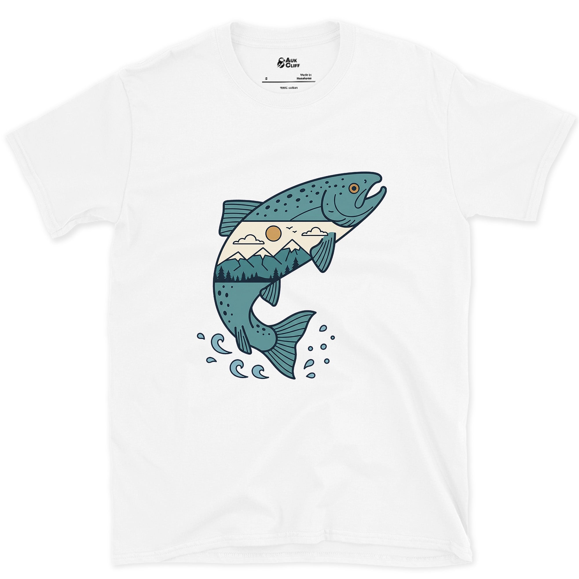 Sea to Headwater, Held Inside a Salmon design on a White Gildan Softstyle t-shirt