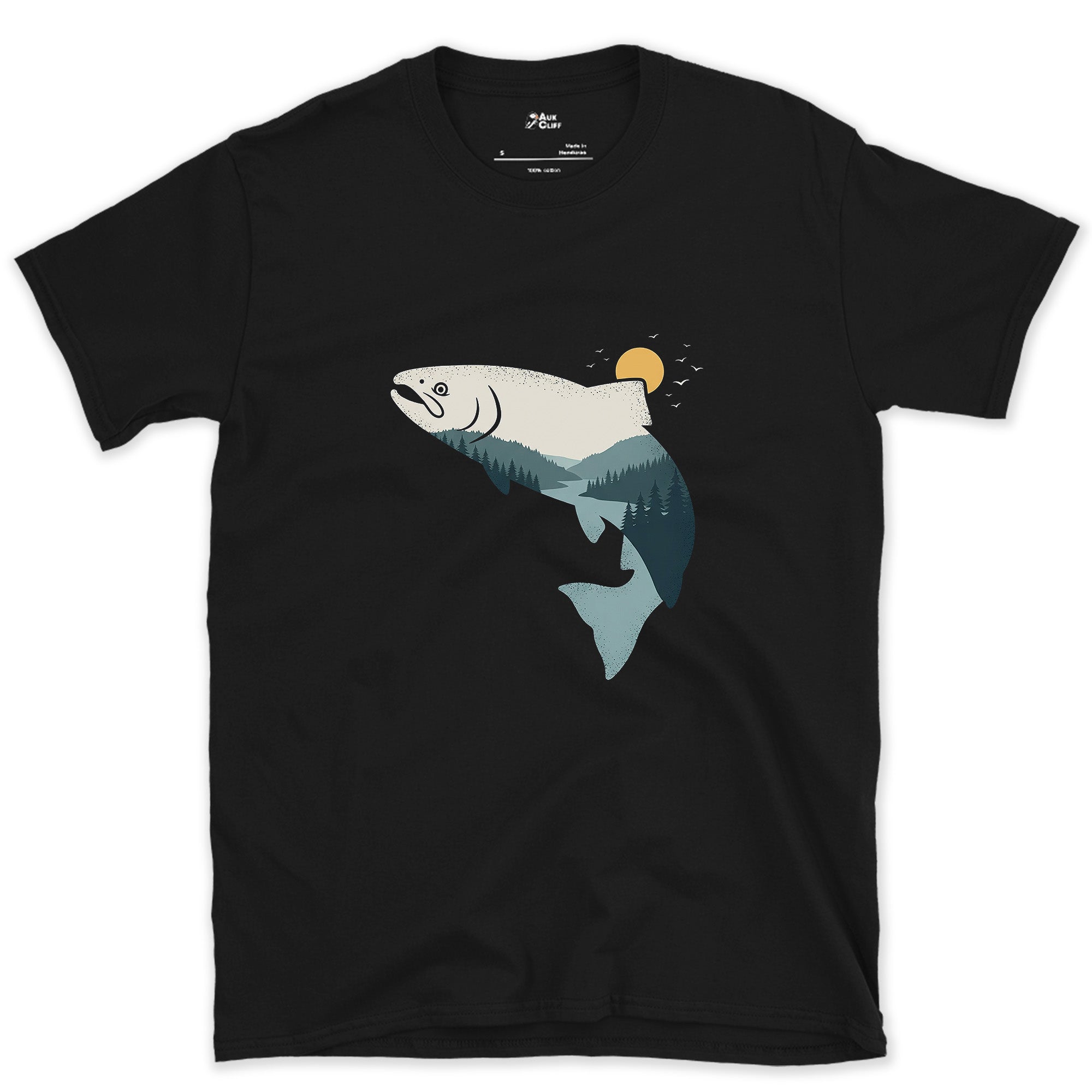 Every Mountain It Climbed, Leaping Salmon design on a Black Gildan Softstyle t-shirt