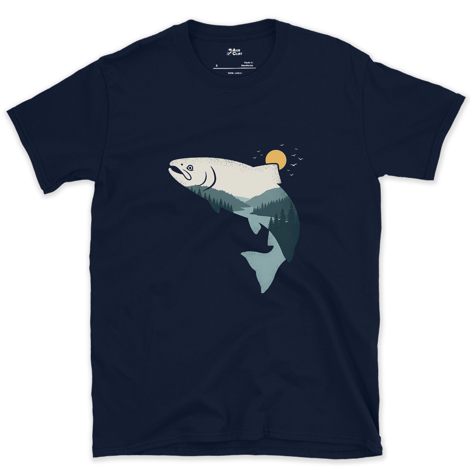 Every Mountain It Climbed, Leaping Salmon design on a Navy Gildan Softstyle t-shirt