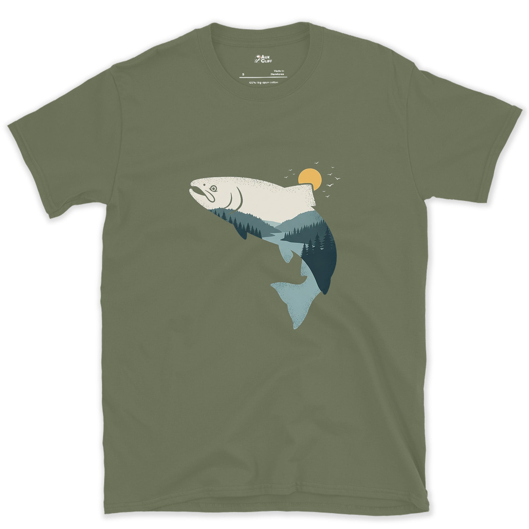 Every Mountain It Climbed, Leaping Salmon design on a Military Green Gildan Softstyle t-shirt