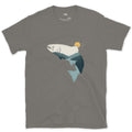 Every Mountain It Climbed, Leaping Salmon design on a Charcoal Gildan Softstyle t-shirt