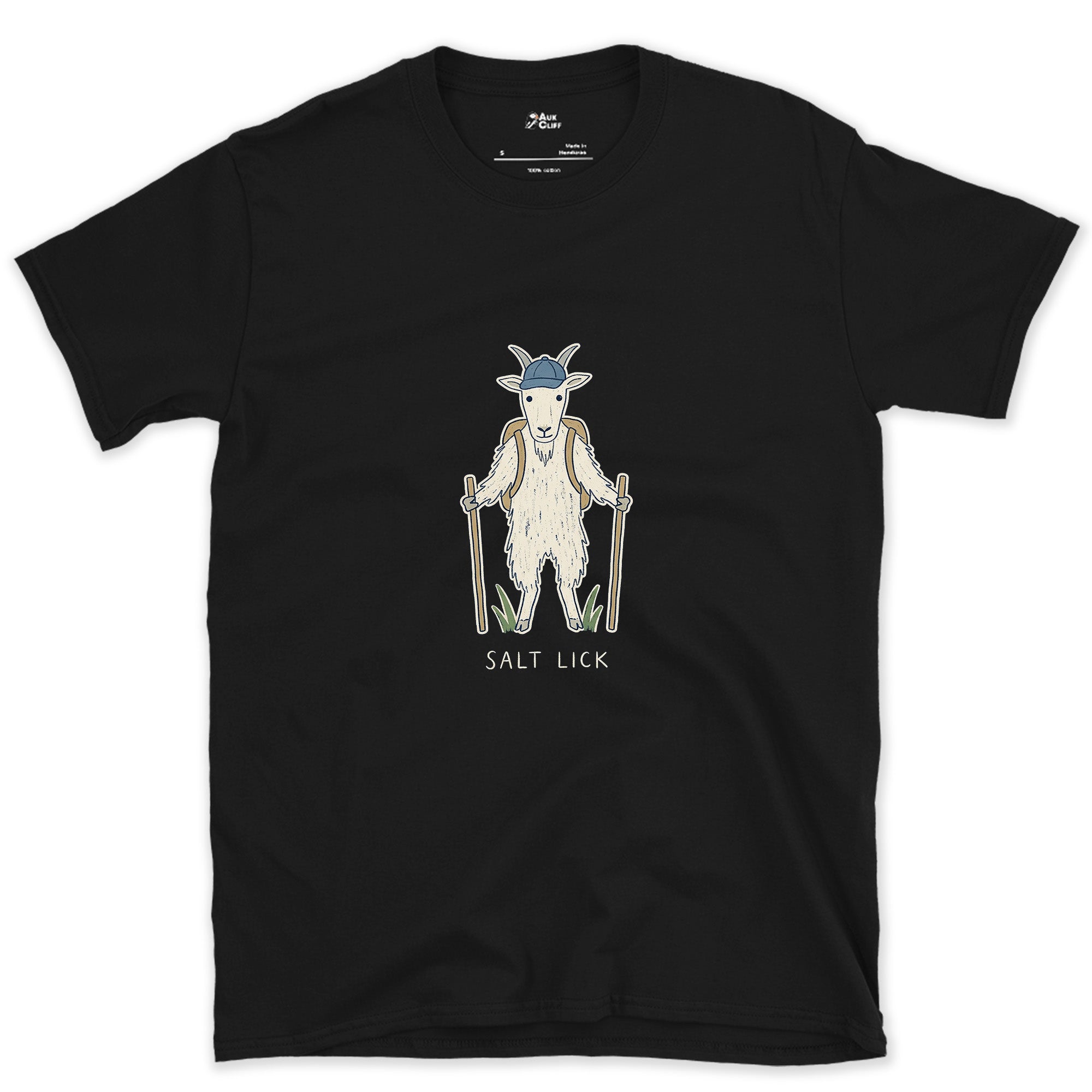 Salt Lick, Mountain Goat Hiker design on a Black Gildan Softstyle t-shirt