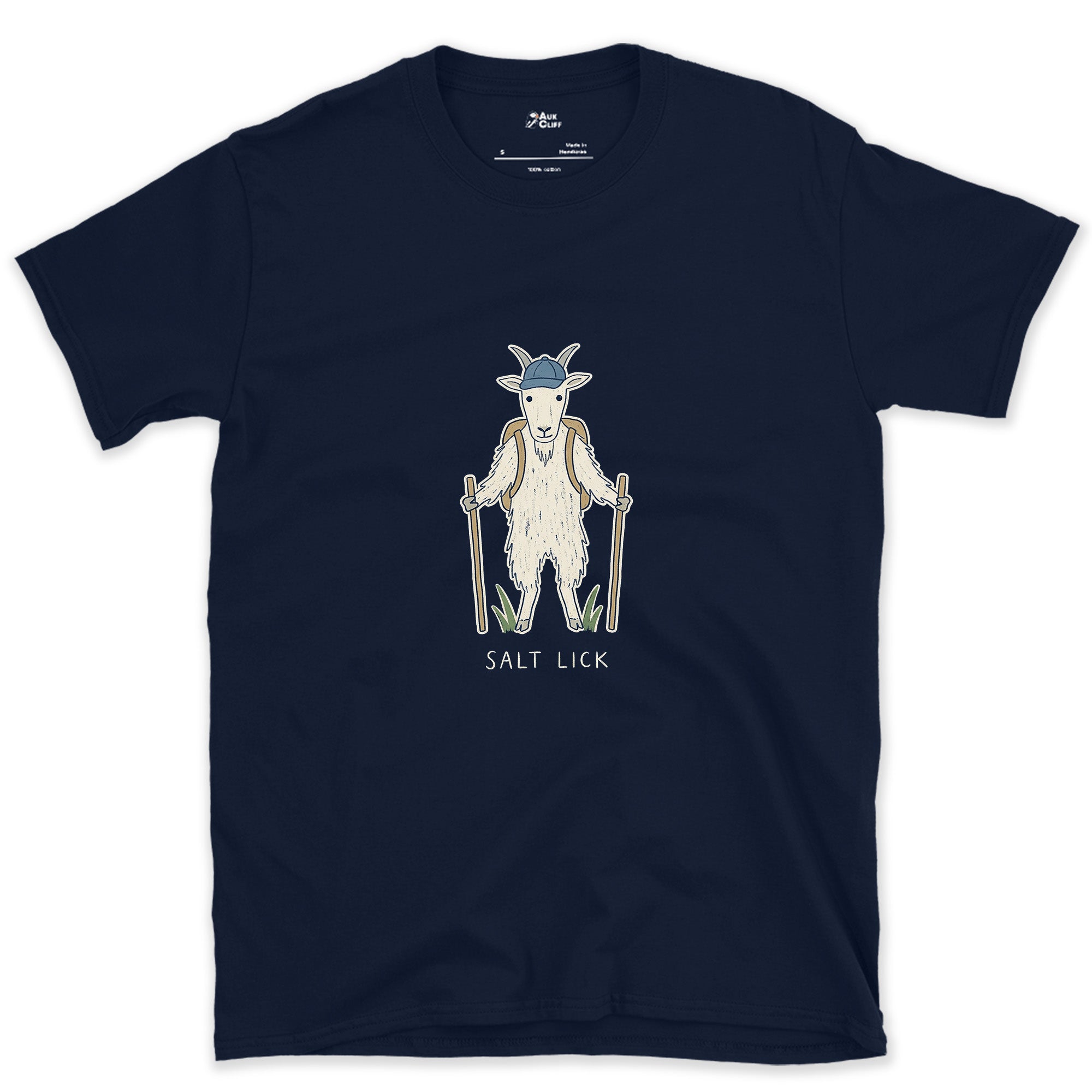 Salt Lick, Mountain Goat Hiker design on a Navy Gildan Softstyle t-shirt