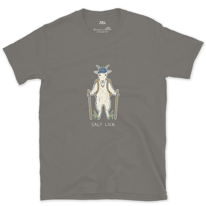 Salt Lick, Mountain Goat Hiker design on a Charcoal Gildan Softstyle t-shirt