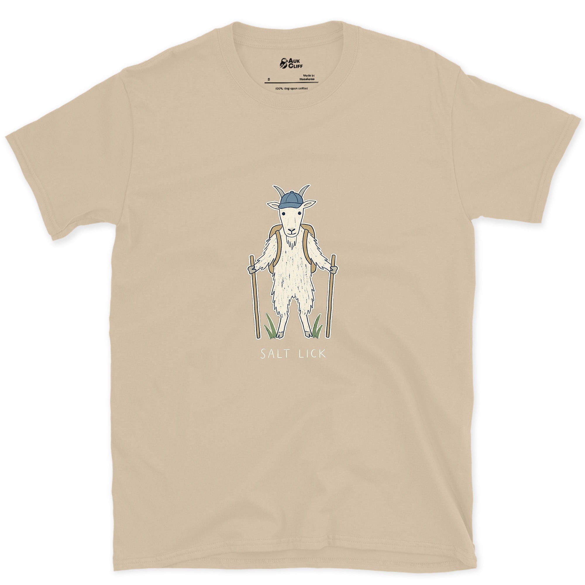 Salt Lick, Mountain Goat Hiker design on a Sand Gildan Softstyle t-shirt