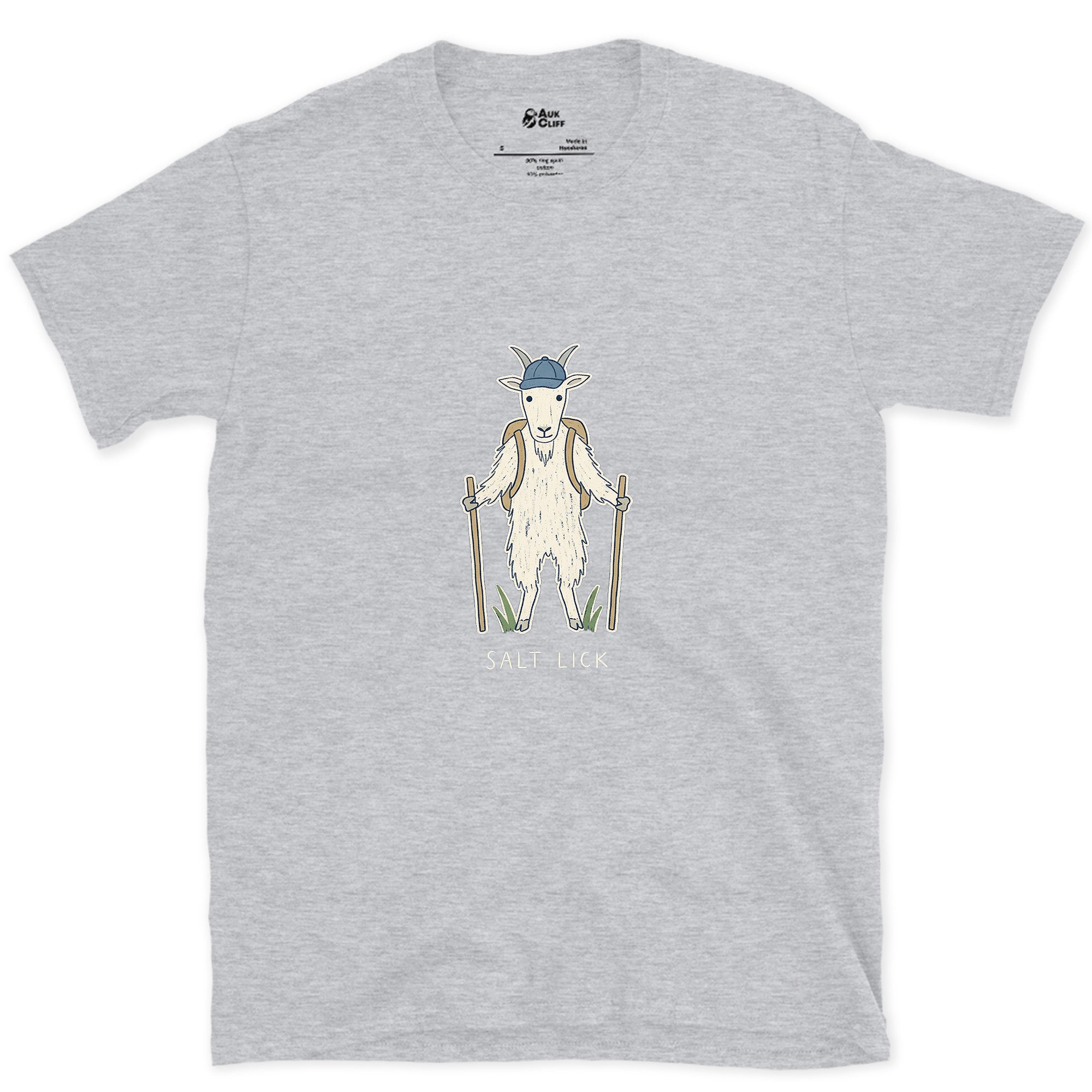 Salt Lick, Mountain Goat Hiker design on a Sport Grey Gildan Softstyle t-shirt