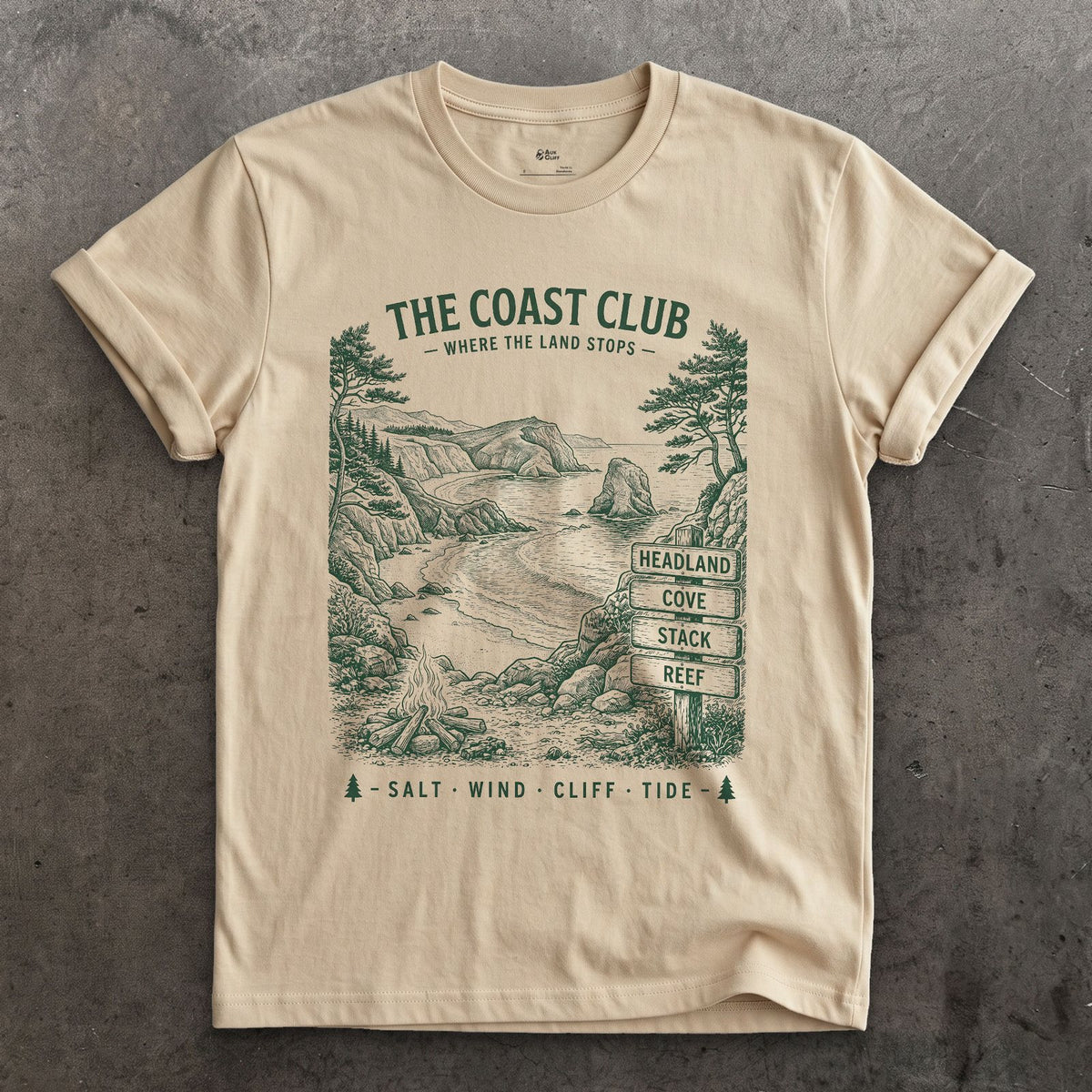 Headland, Cove, Stack, Reef, Campfire design on a Sand Gildan Softstyle t-shirt