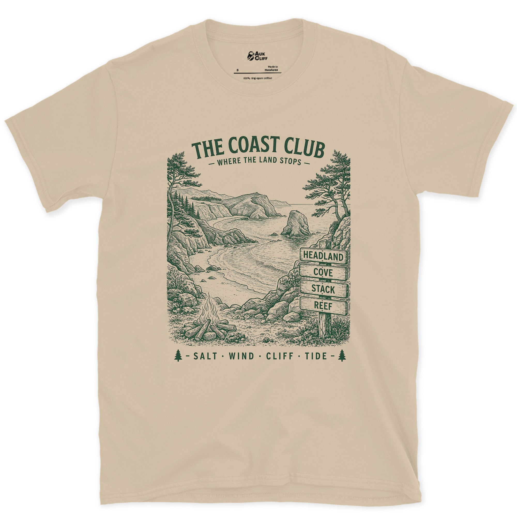Headland, Cove, Stack, Reef, Campfire design on a Sand Gildan Softstyle t-shirt