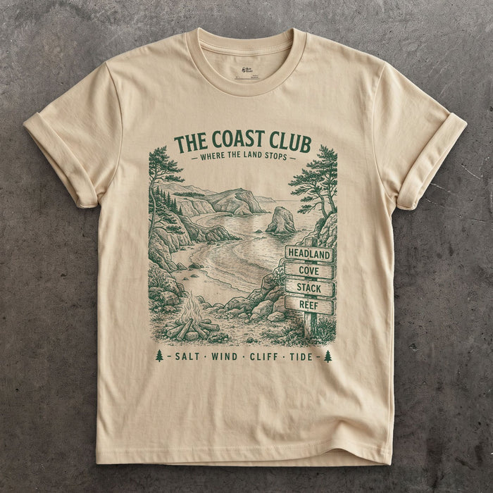 Headland, Cove, Stack, Reef, Campfire design on a Sand Gildan Softstyle t-shirt