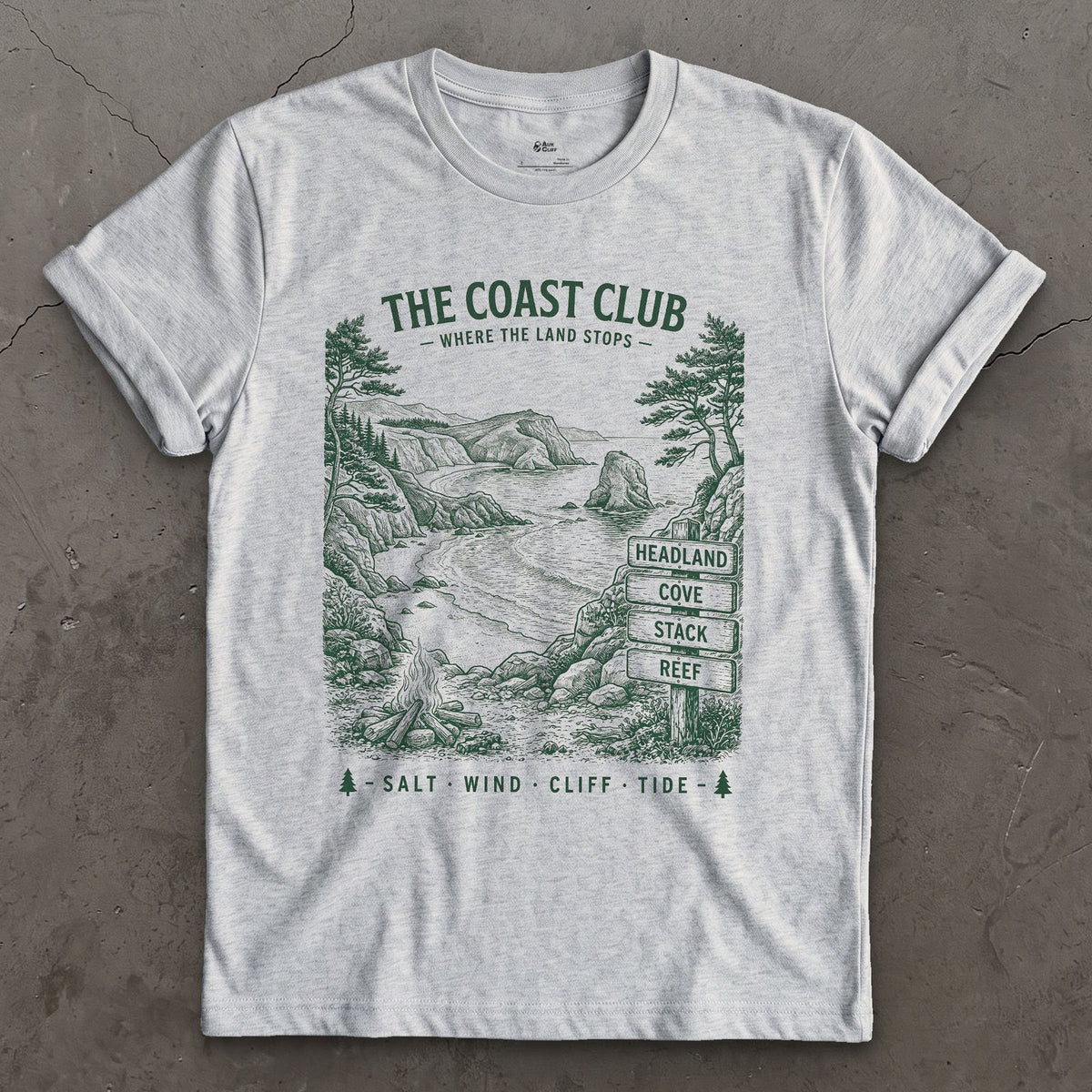 Headland, Cove, Stack, Reef, Campfire design on a Sport Grey Gildan Softstyle t-shirt