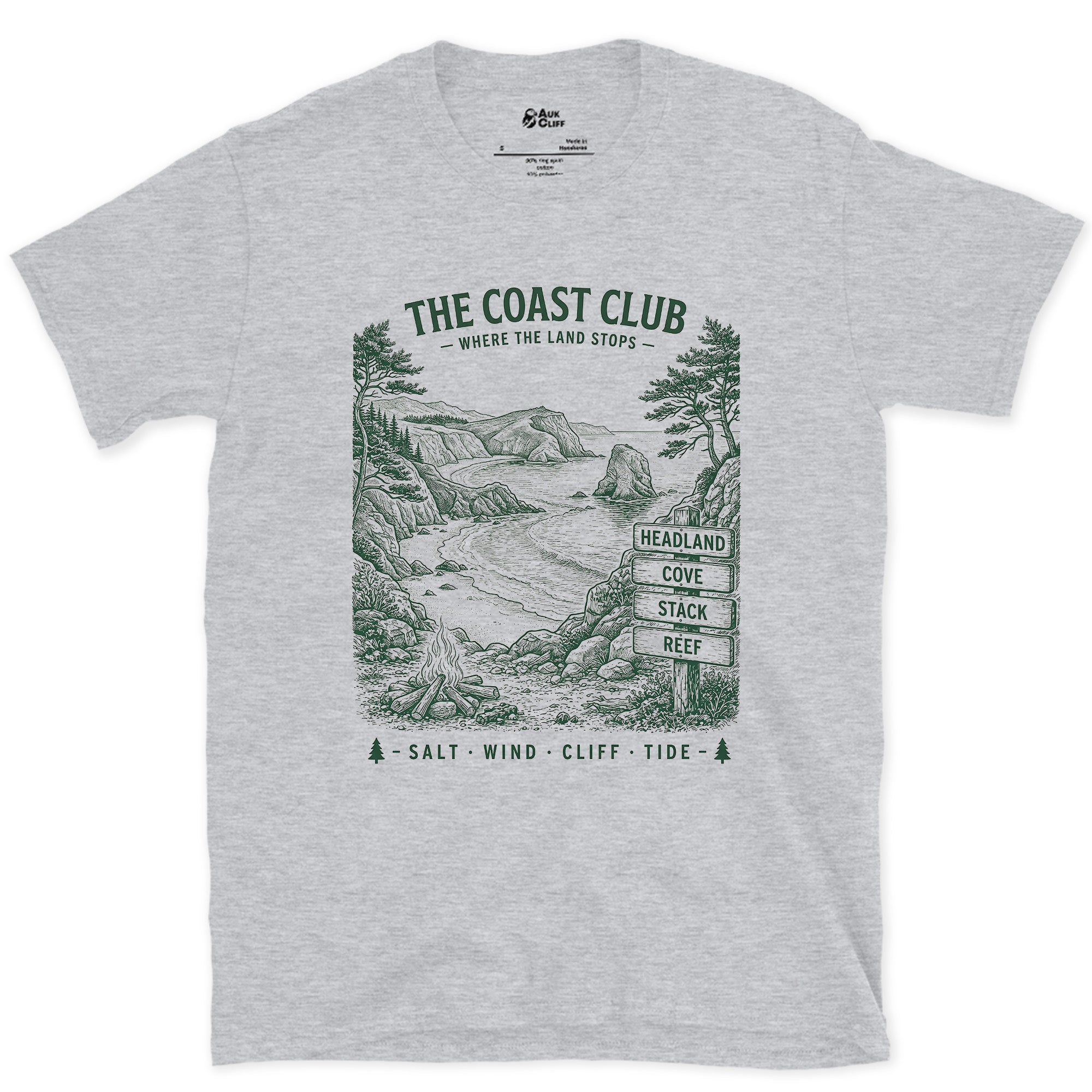 Headland, Cove, Stack, Reef, Campfire design on a Sport Grey Gildan Softstyle t-shirt