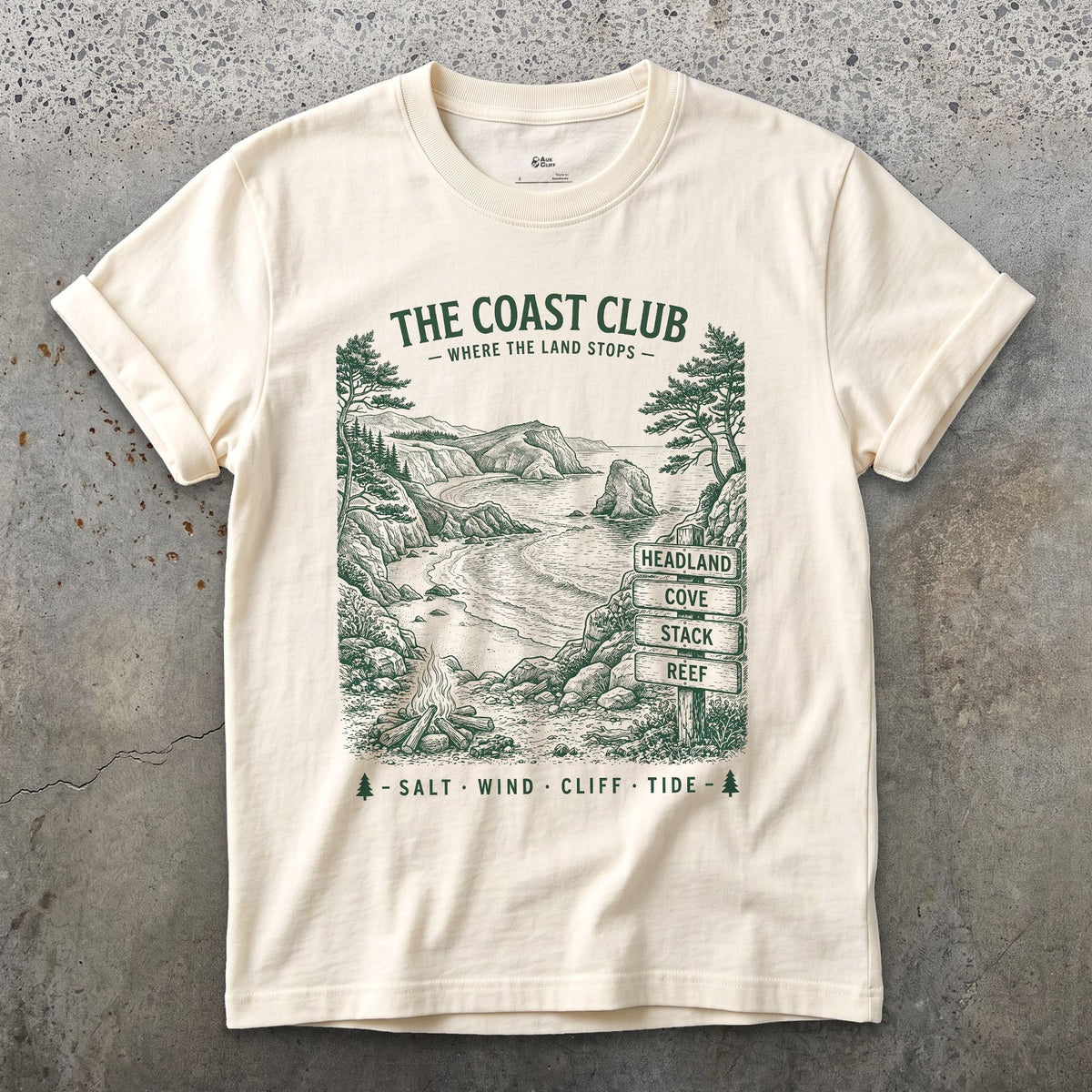 Headland, Cove, Stack, Reef, Campfire design on a Natural Gildan Softstyle t-shirt