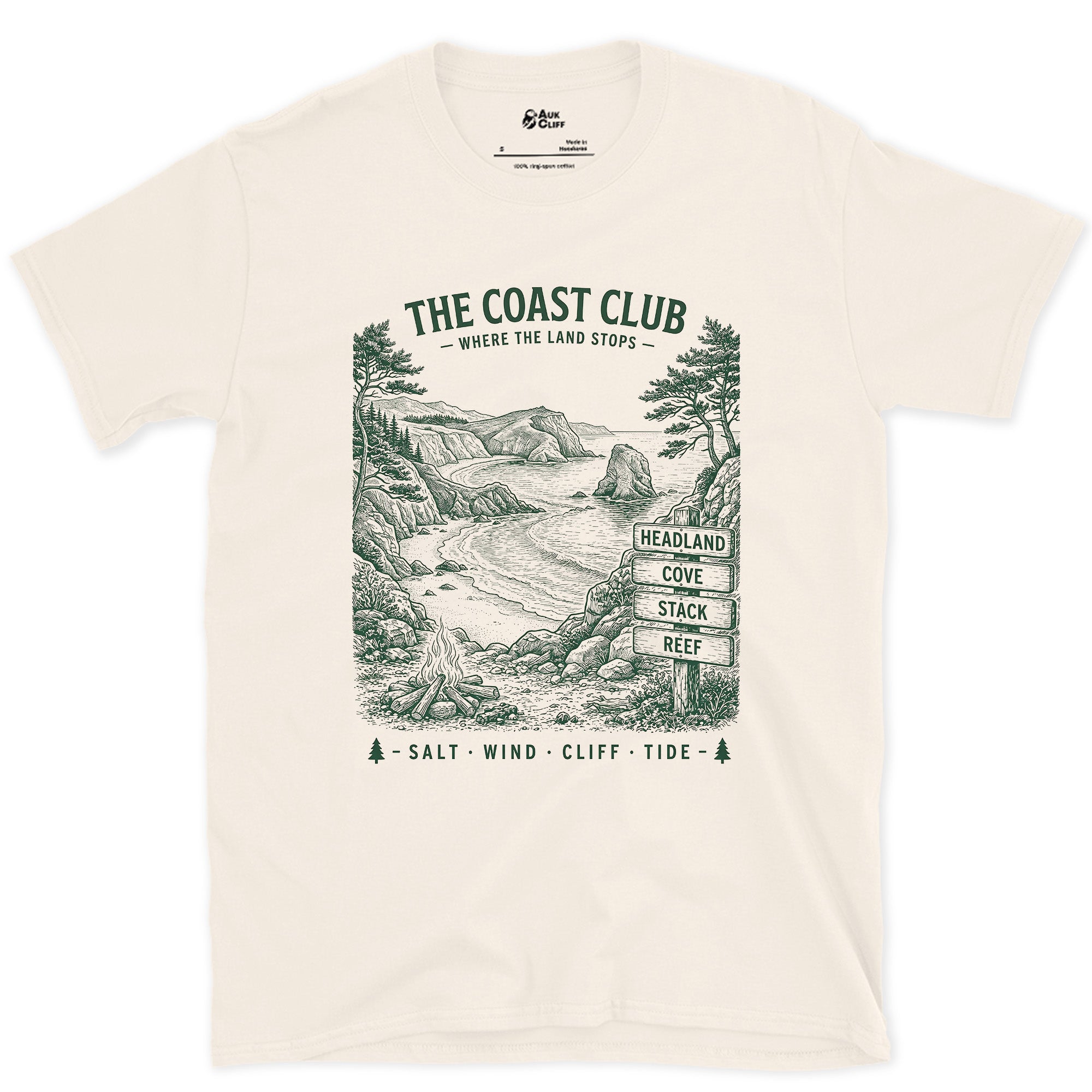 Headland, Cove, Stack, Reef, Campfire design on a Natural Gildan Softstyle t-shirt