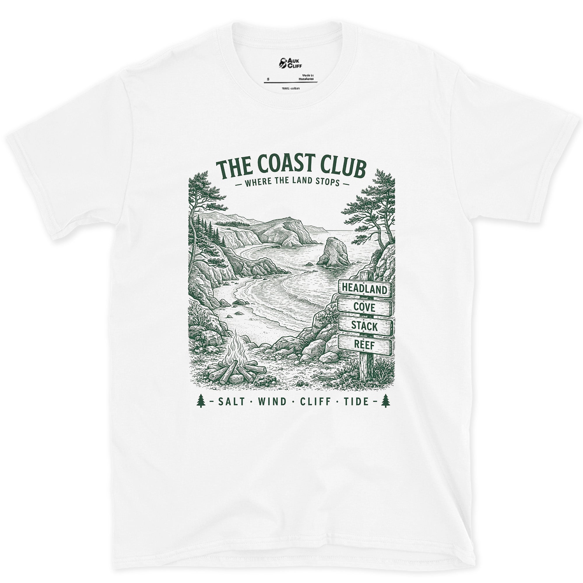 Headland, Cove, Stack, Reef, Campfire design on a White Gildan Softstyle t-shirt