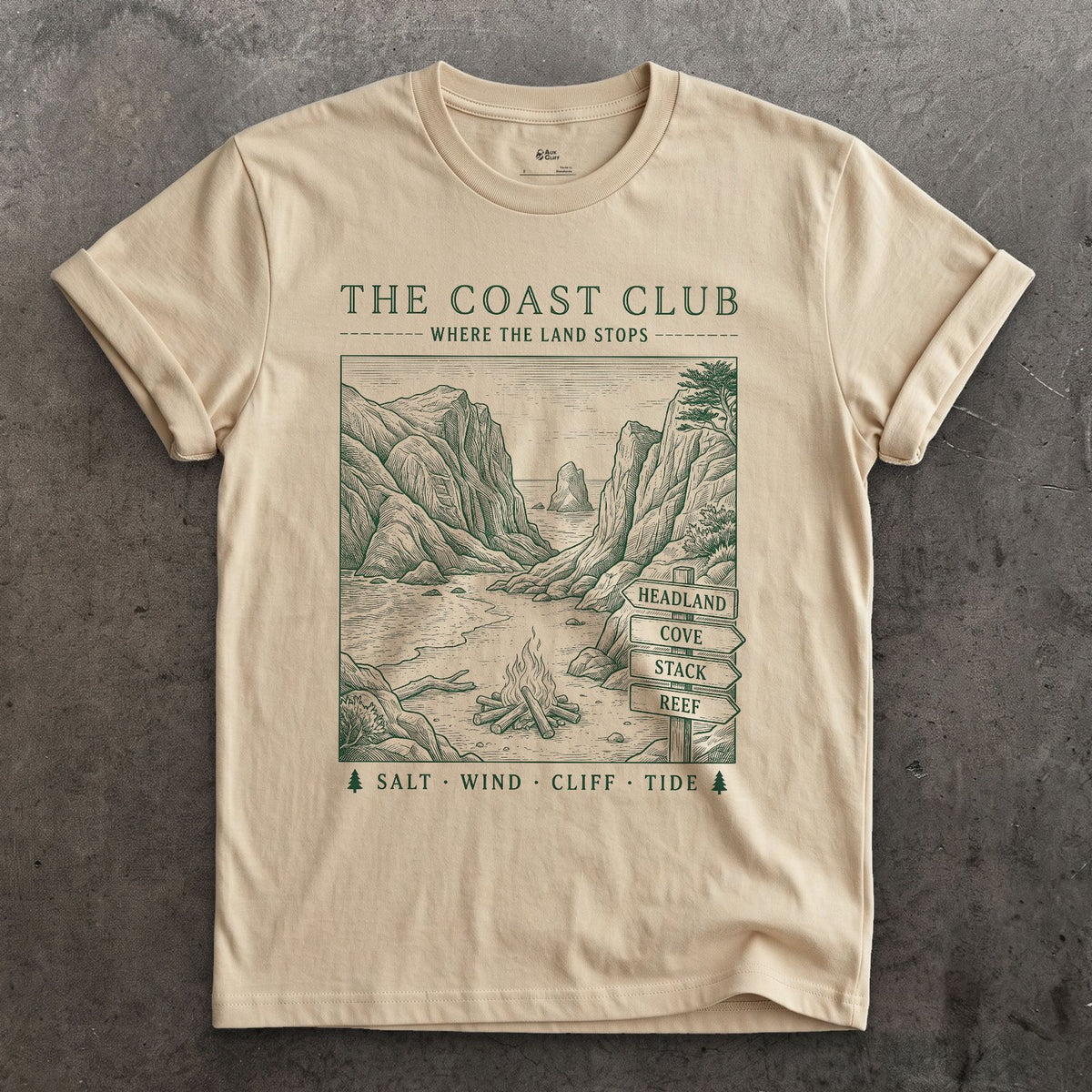 Salt Wind, Cliff, Tide, Sea Stacks design on a Sand Gildan Softstyle t-shirt