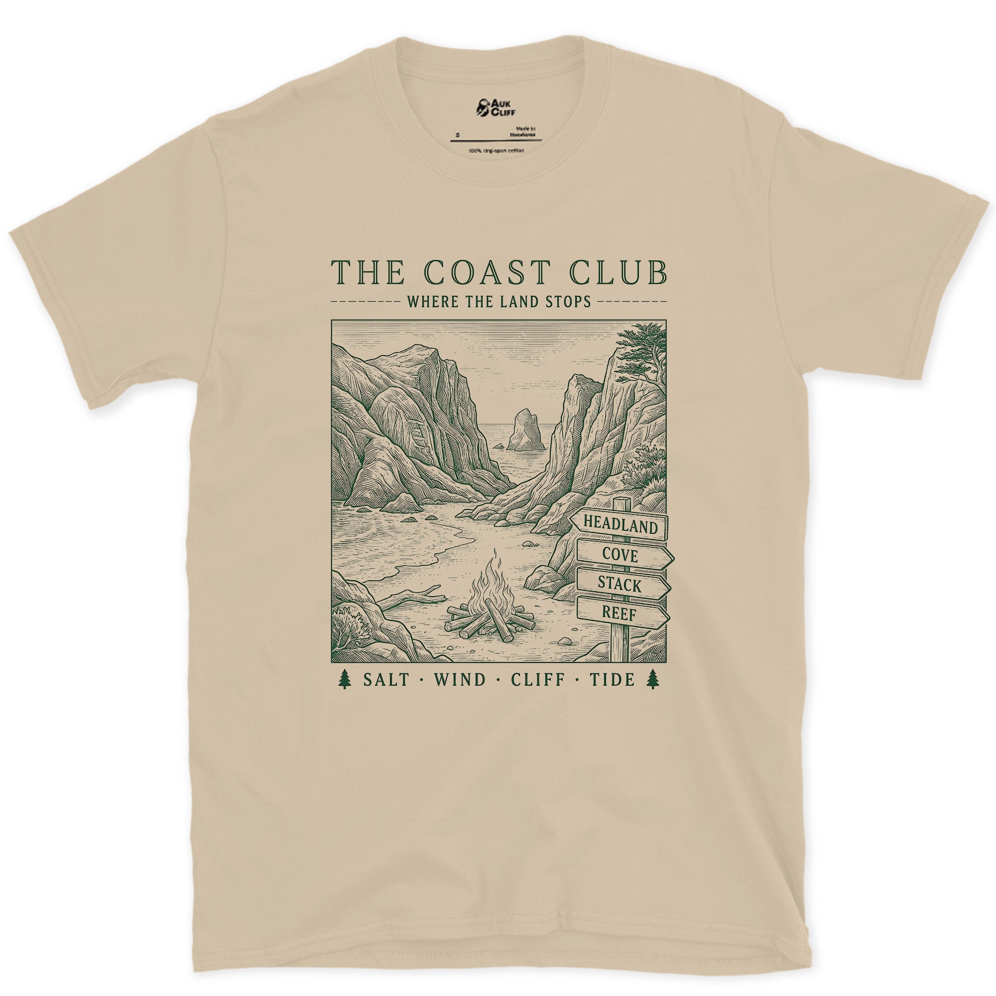 Salt Wind, Cliff, Tide, Sea Stacks design on a Sand Gildan Softstyle t-shirt