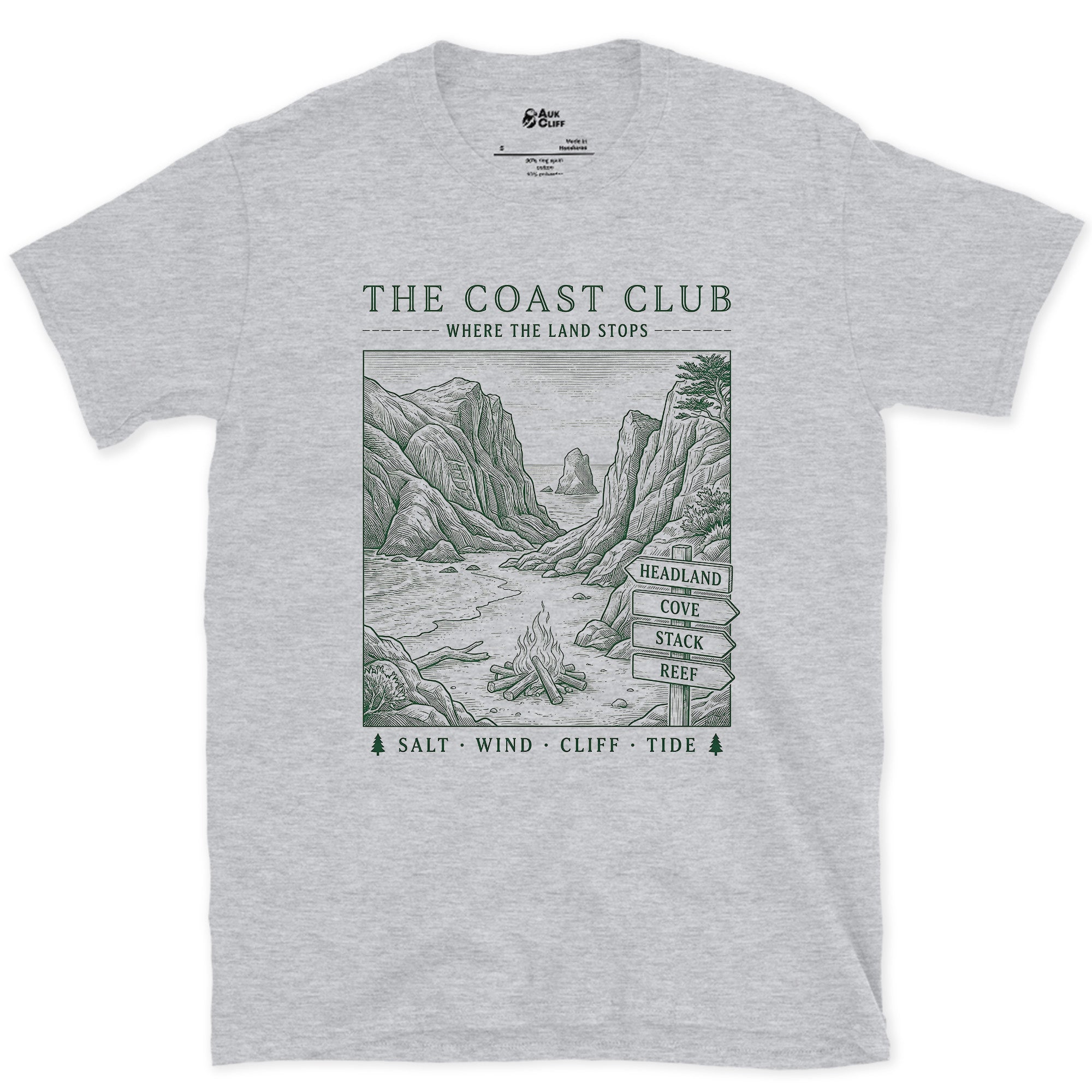 Salt Wind, Cliff, Tide, Sea Stacks design on a Sport Grey Gildan Softstyle t-shirt