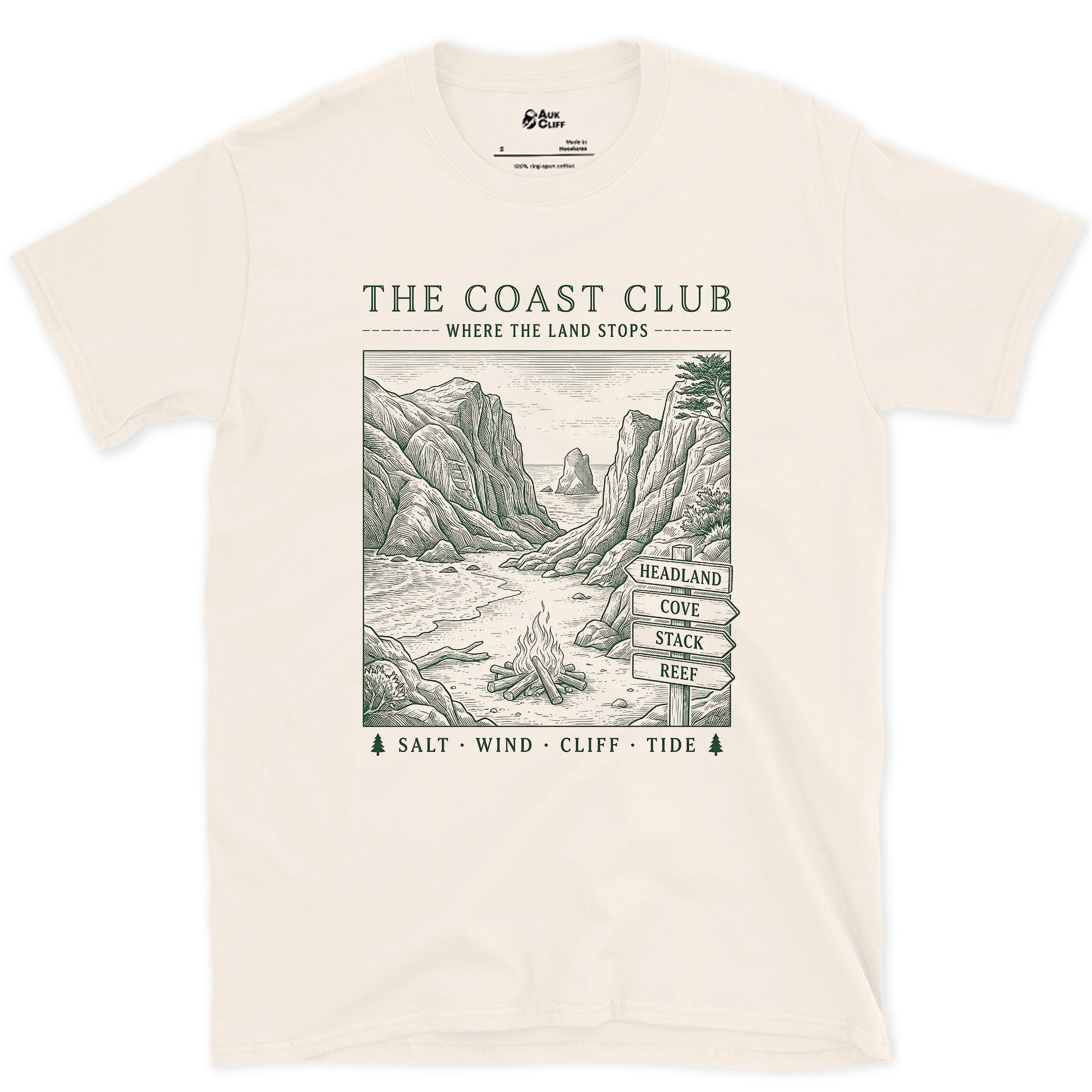 Salt Wind, Cliff, Tide, Sea Stacks design on a Natural Gildan Softstyle t-shirt