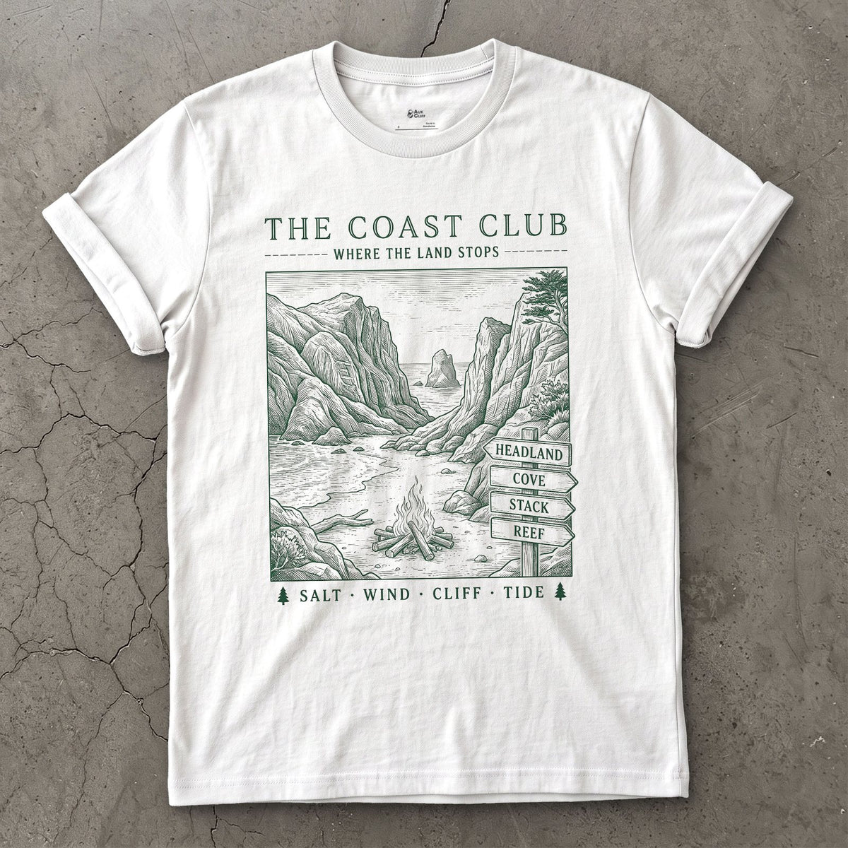Salt Wind, Cliff, Tide, Sea Stacks design on a White Gildan Softstyle t-shirt
