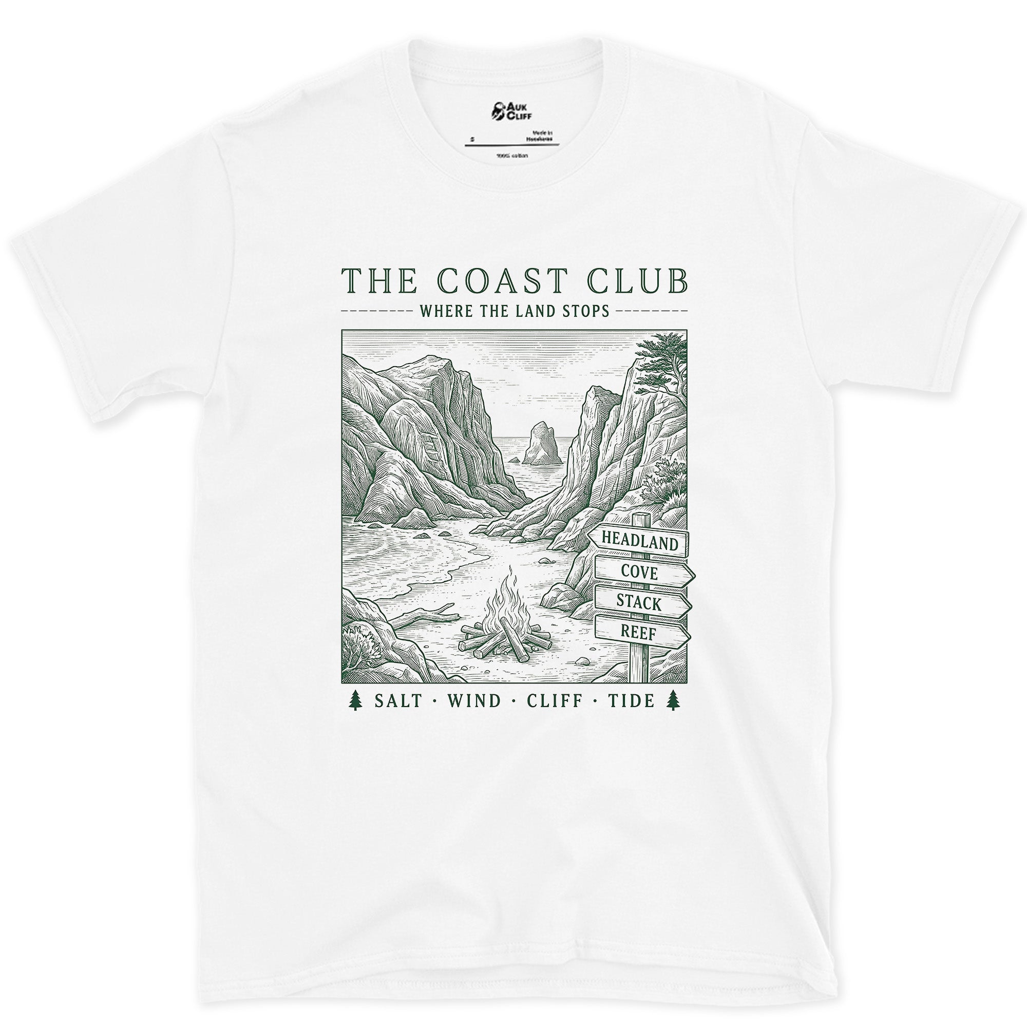 Salt Wind, Cliff, Tide, Sea Stacks design on a White Gildan Softstyle t-shirt