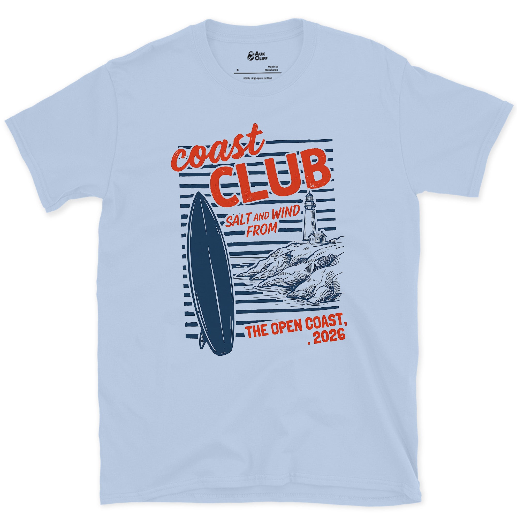 Salt and Wind From the Open Coast design on a Light Blue Gildan Softstyle t-shirt