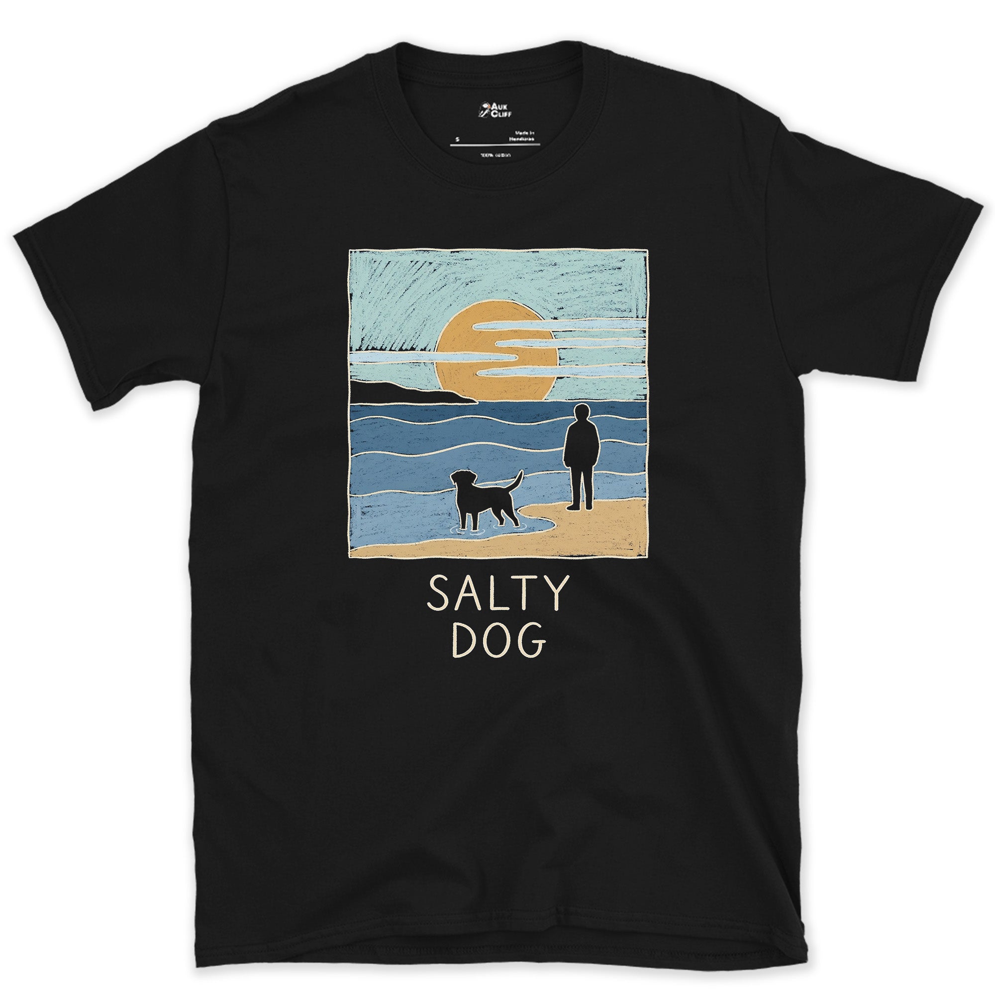 Salty Dog at the Shoreline design on a Black Gildan Softstyle t-shirt