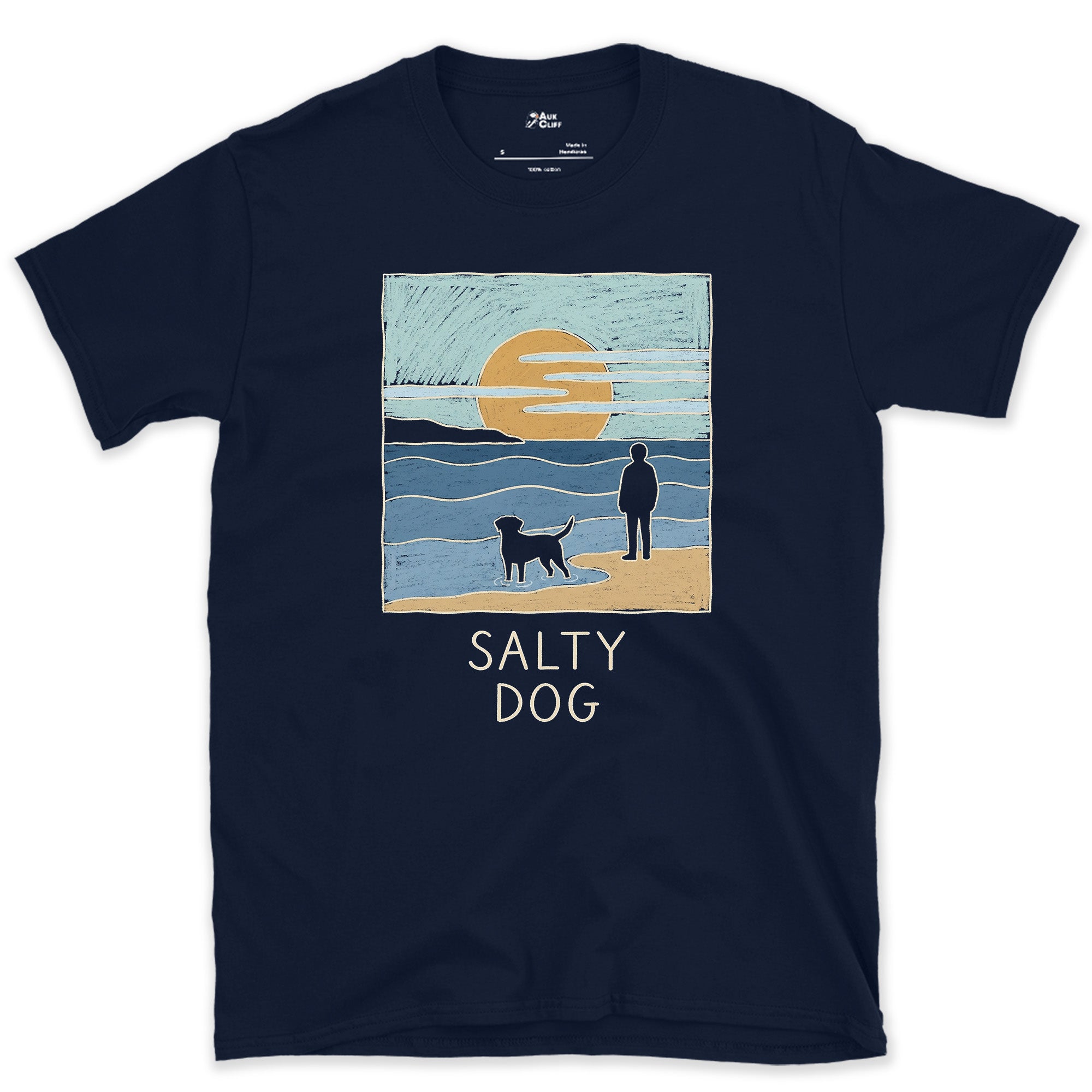 Salty Dog at the Shoreline design on a Navy Gildan Softstyle t-shirt