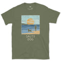 Salty Dog at the Shoreline design on a Military Green Gildan Softstyle t-shirt