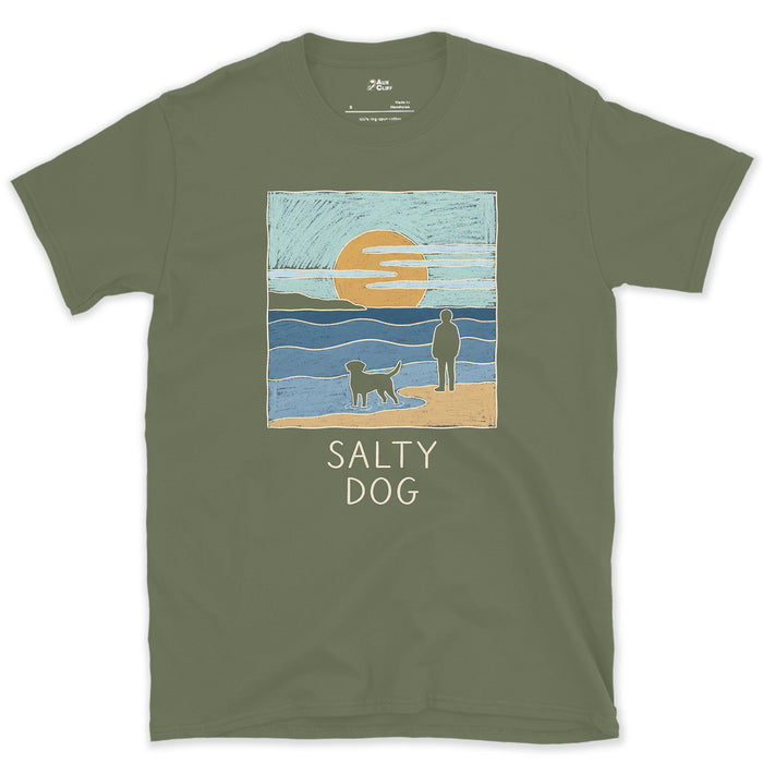 Salty Dog at the Shoreline design on a Military Green Gildan Softstyle t-shirt