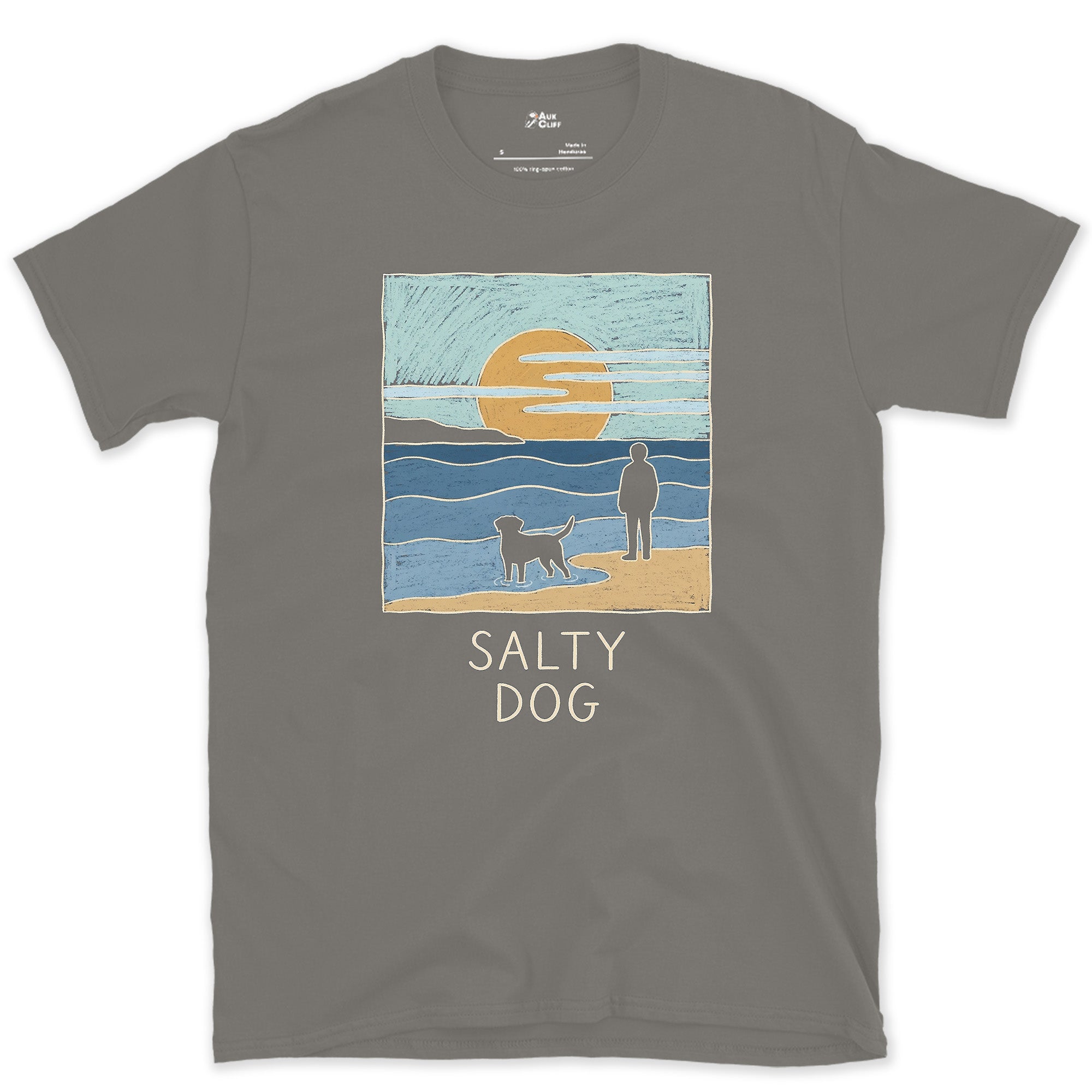 Salty Dog at the Shoreline design on a Charcoal Gildan Softstyle t-shirt
